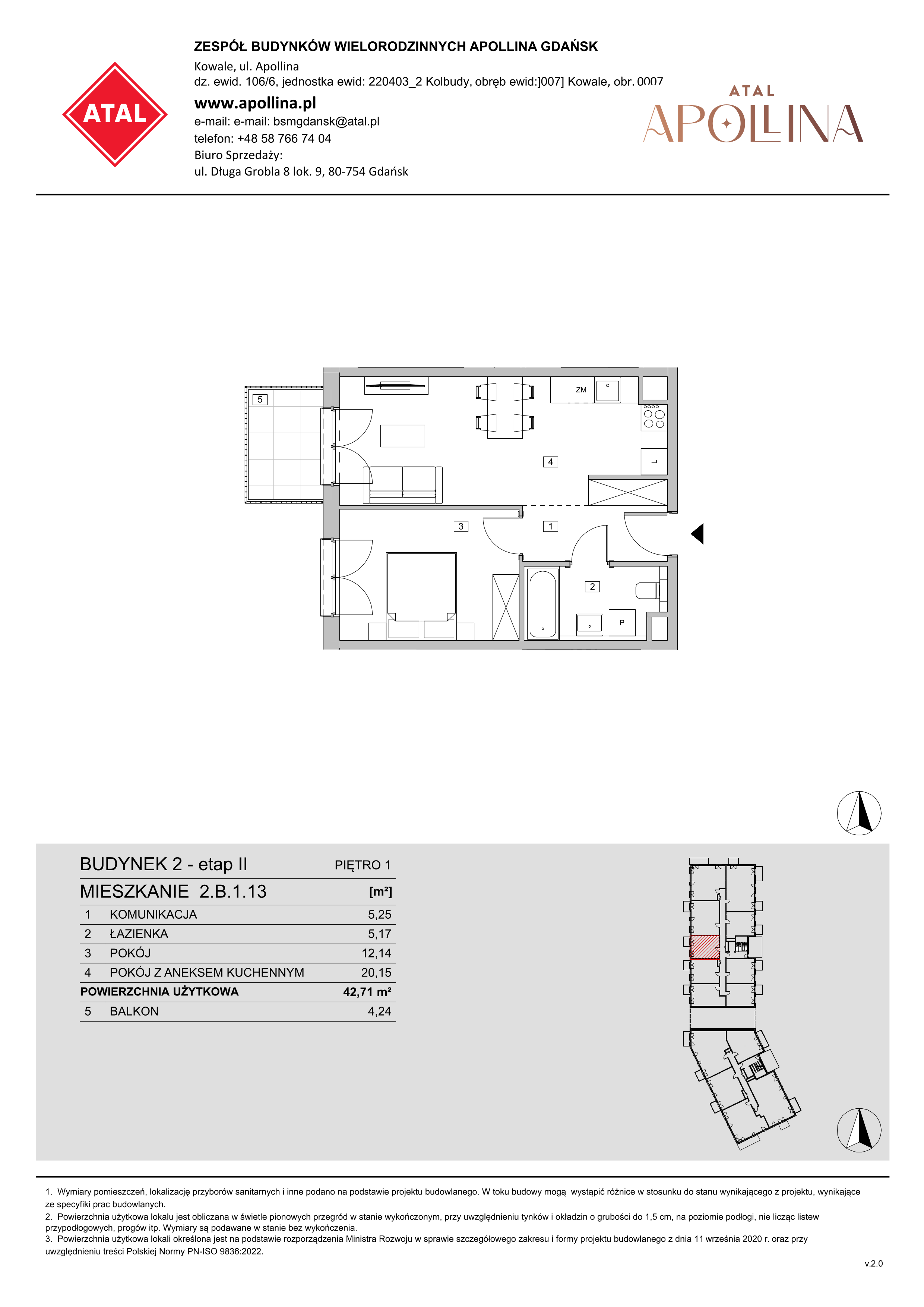 Mieszkanie 42,71 m², piętro 1, oferta nr 2.B.1.13, ATAL Apollina II, Kowale, ul. Apollina-idx