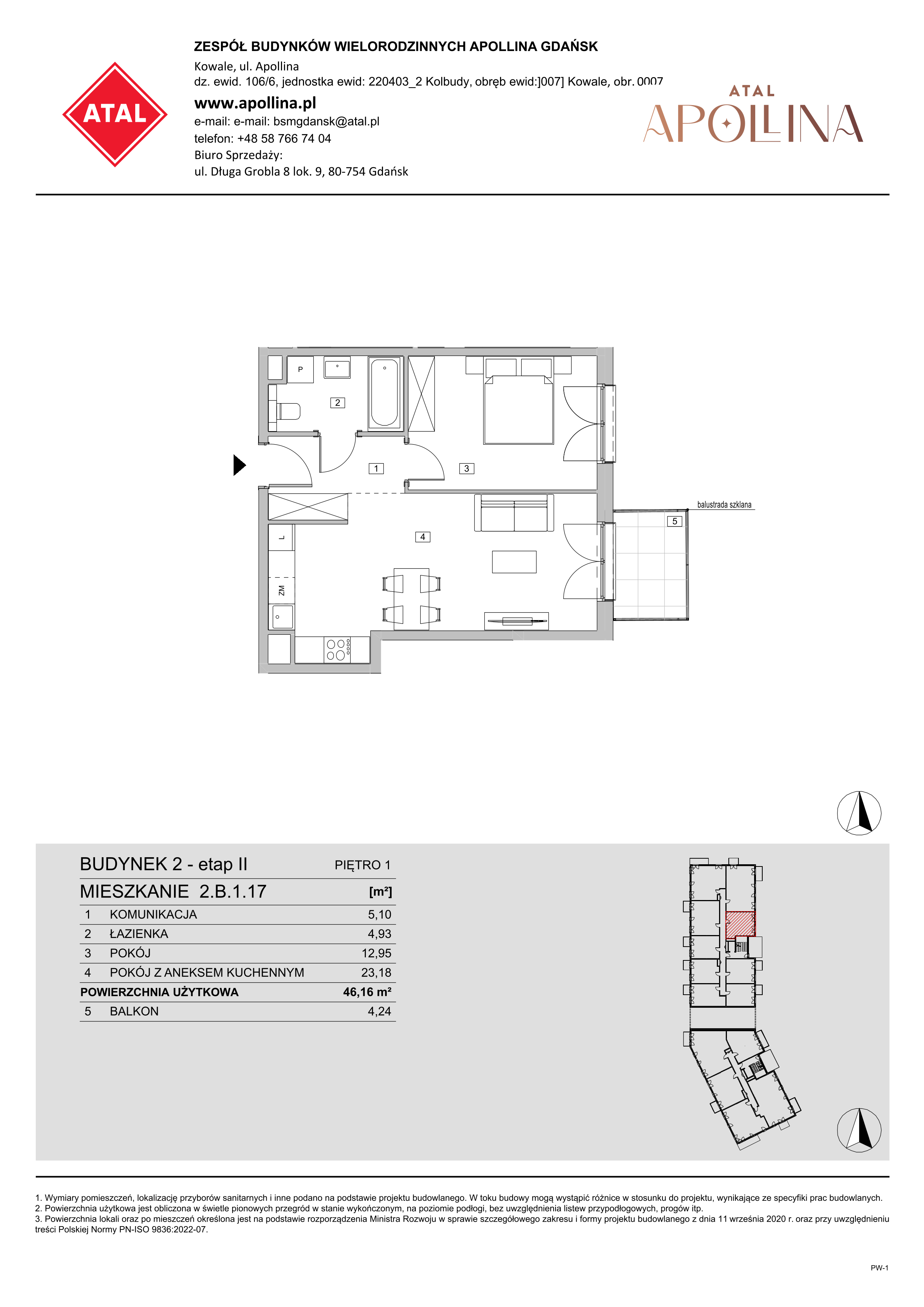 Mieszkanie 46,16 m², piętro 1, oferta nr 2.B.1.17, ATAL Apollina II, Kowale, ul. Apollina-idx