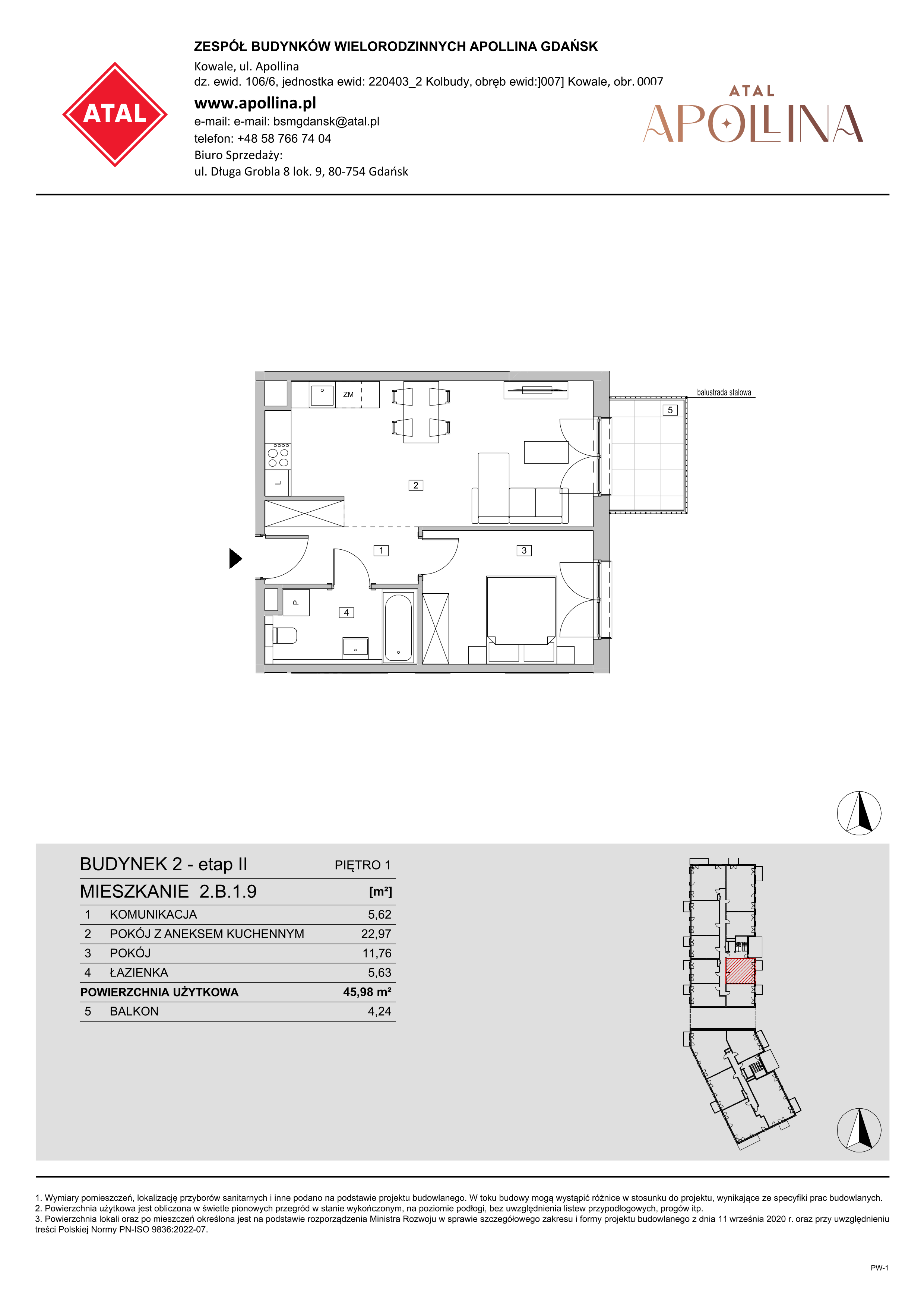 Mieszkanie 45,98 m², piętro 1, oferta nr 2.B.1.9, ATAL Apollina II, Kowale, ul. Apollina-idx