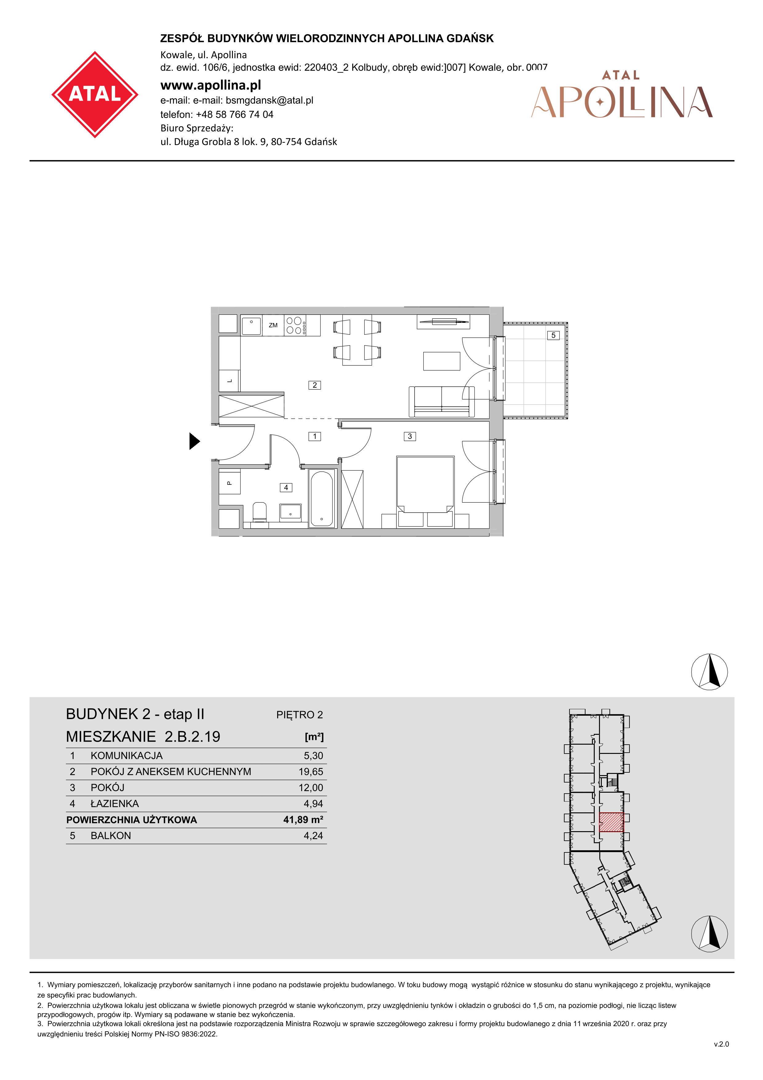 Mieszkanie 41,89 m², piętro 2, oferta nr 2.B.2.19, ATAL Apollina II, Kowale, ul. Apollina-idx