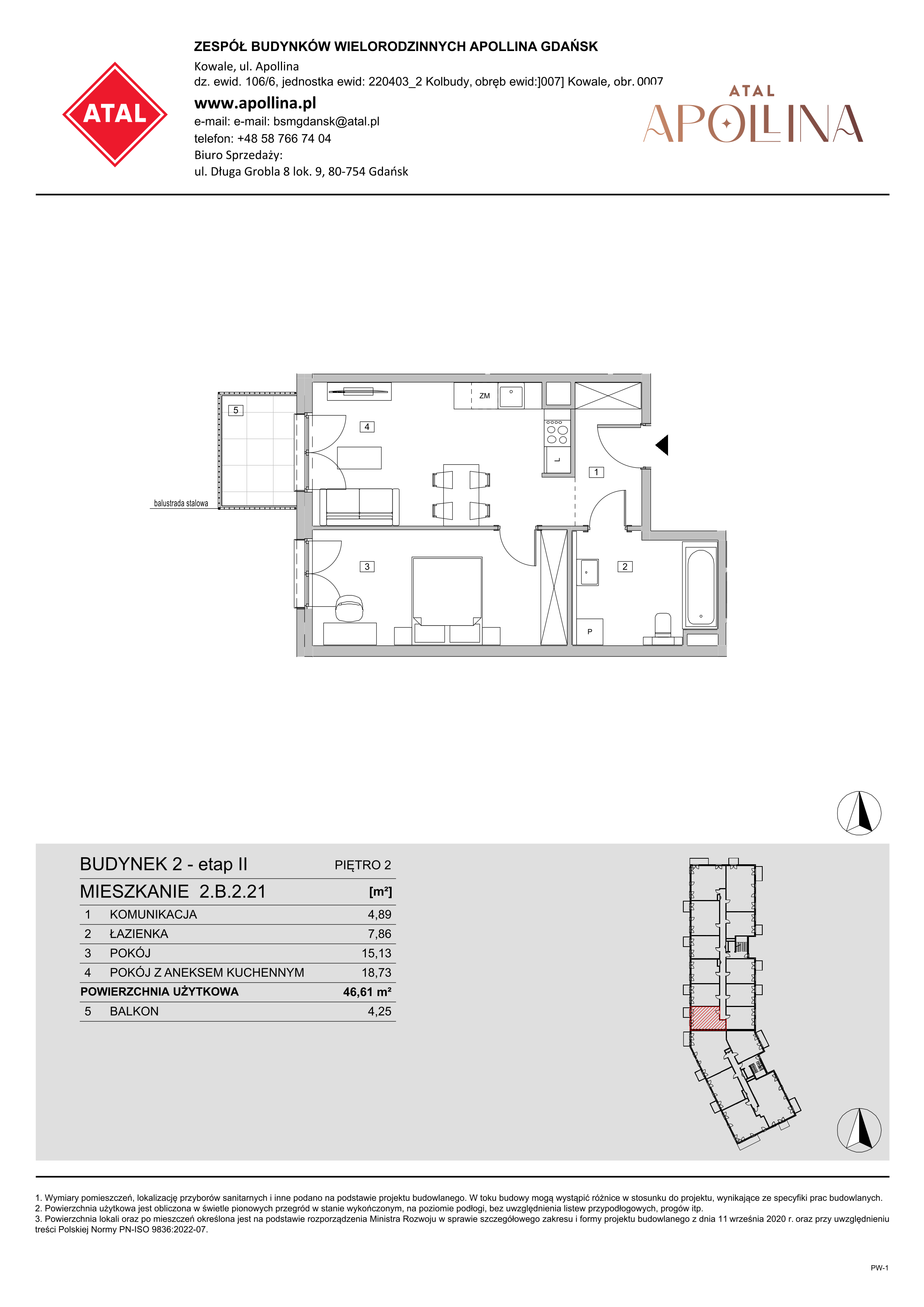 Mieszkanie 46,61 m², piętro 2, oferta nr 2.B.2.21, ATAL Apollina II, Kowale, ul. Apollina-idx