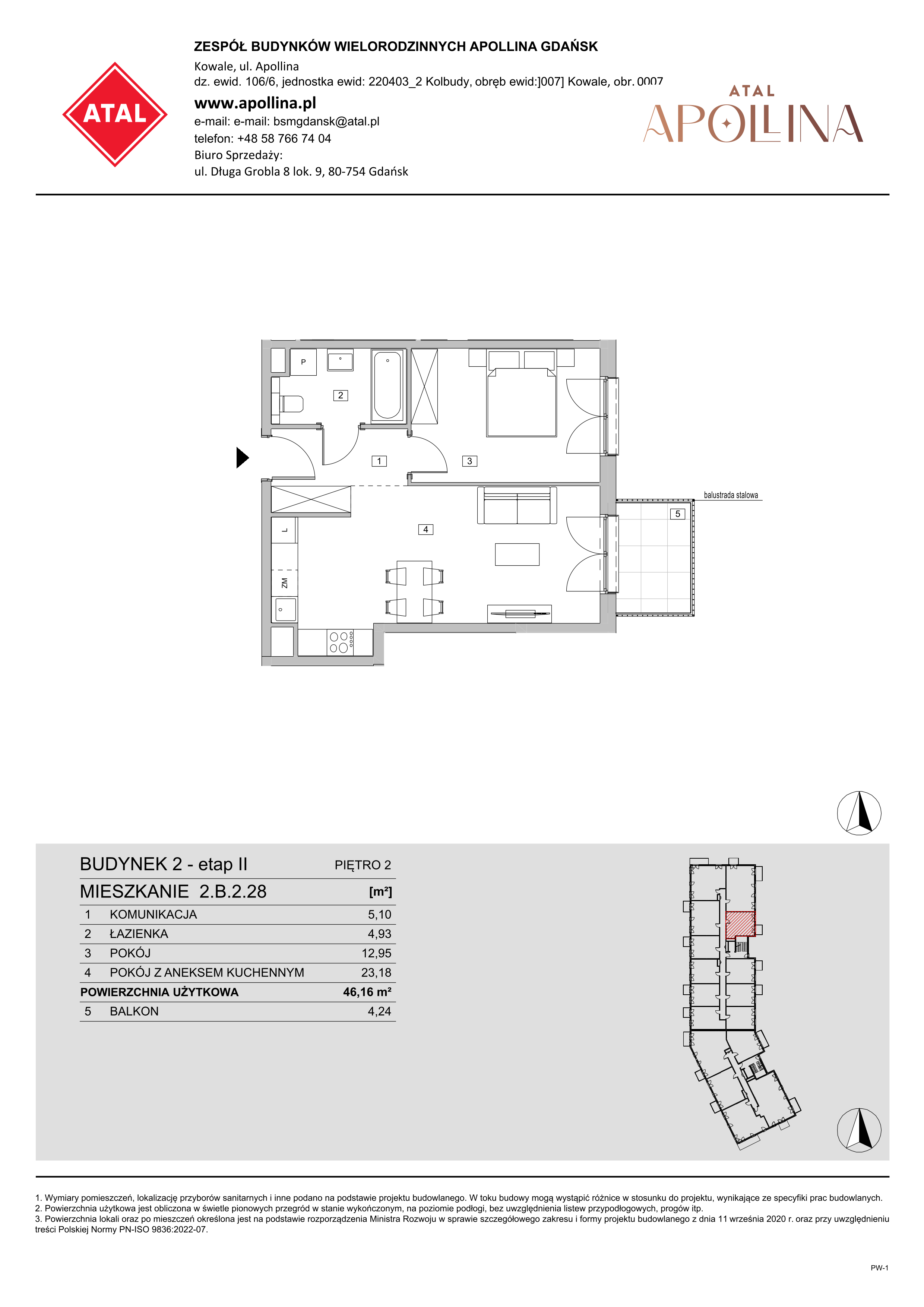 Mieszkanie 46,16 m², piętro 2, oferta nr 2.B.2.28, ATAL Apollina II, Kowale, ul. Apollina-idx