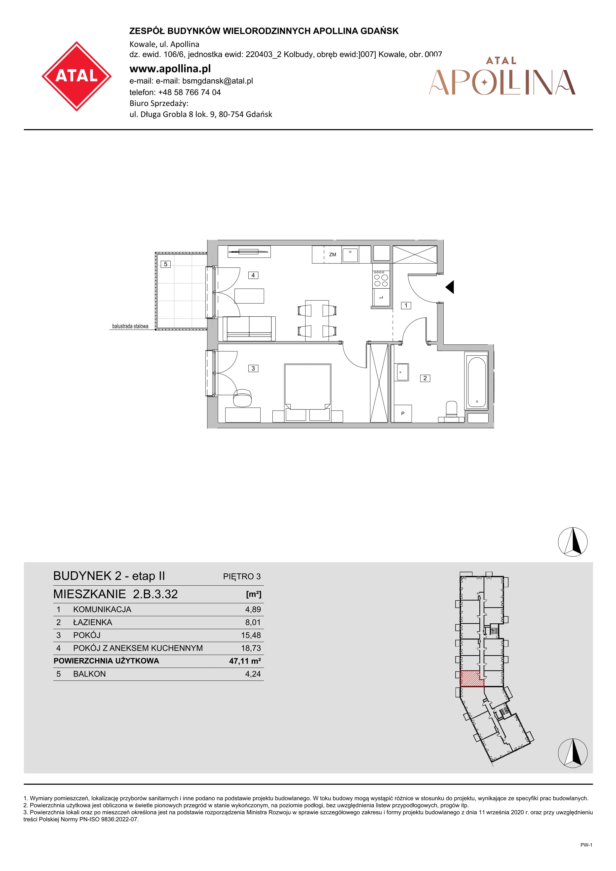 Mieszkanie 47,11 m², piętro 3, oferta nr 2.B.3.32, ATAL Apollina II, Kowale, ul. Apollina-idx