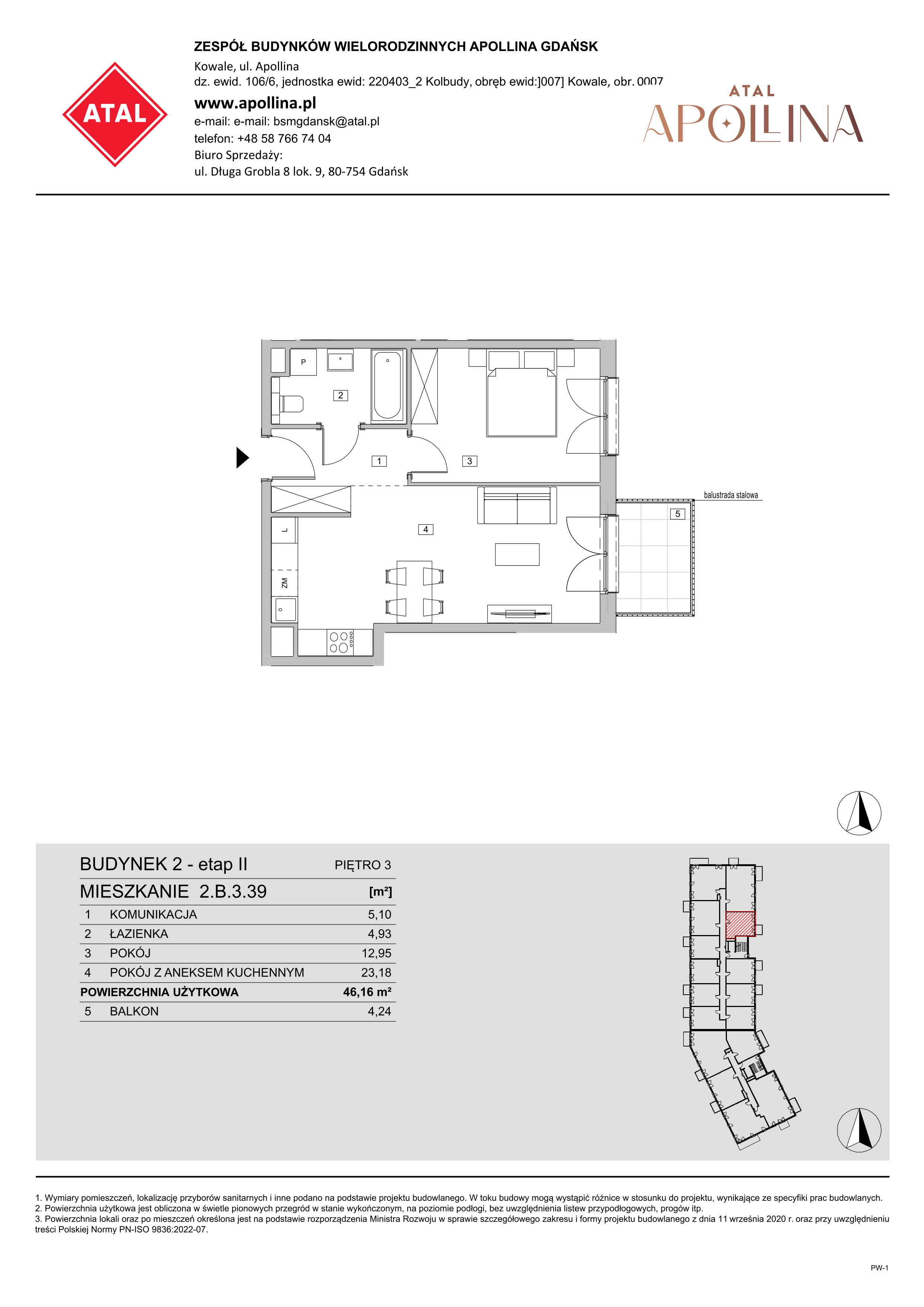 Mieszkanie 46,16 m², piętro 3, oferta nr 2.B.3.39, ATAL Apollina II, Kowale, ul. Apollina-idx