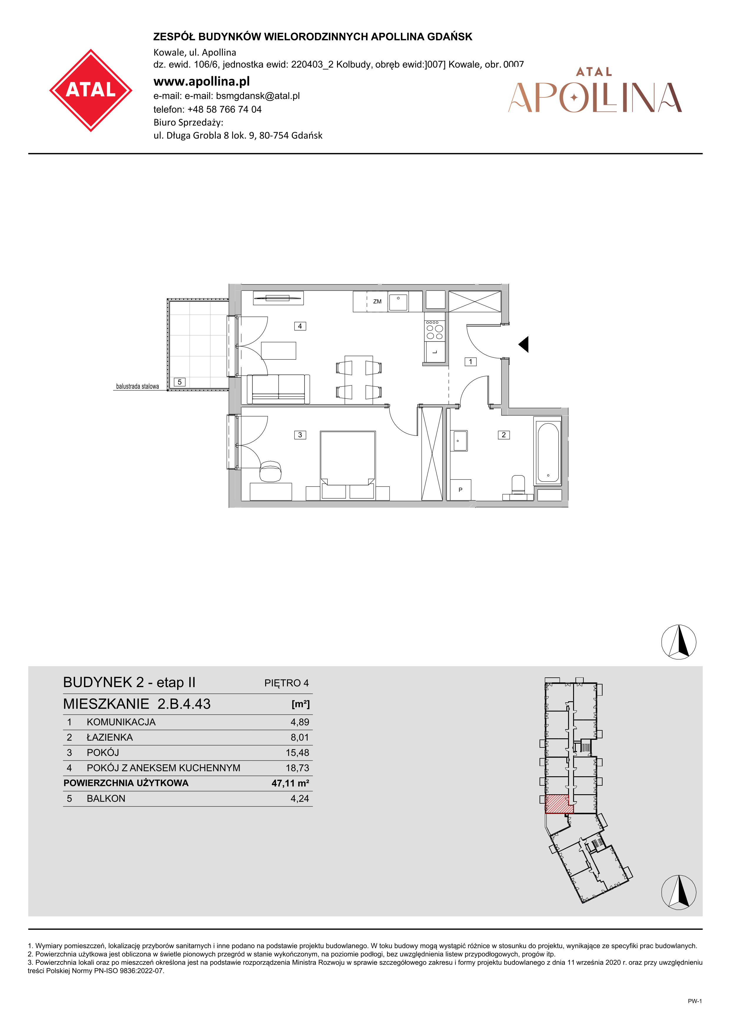 Mieszkanie 47,11 m², piętro 4, oferta nr 2.B.4.43, ATAL Apollina II, Kowale, ul. Apollina-idx