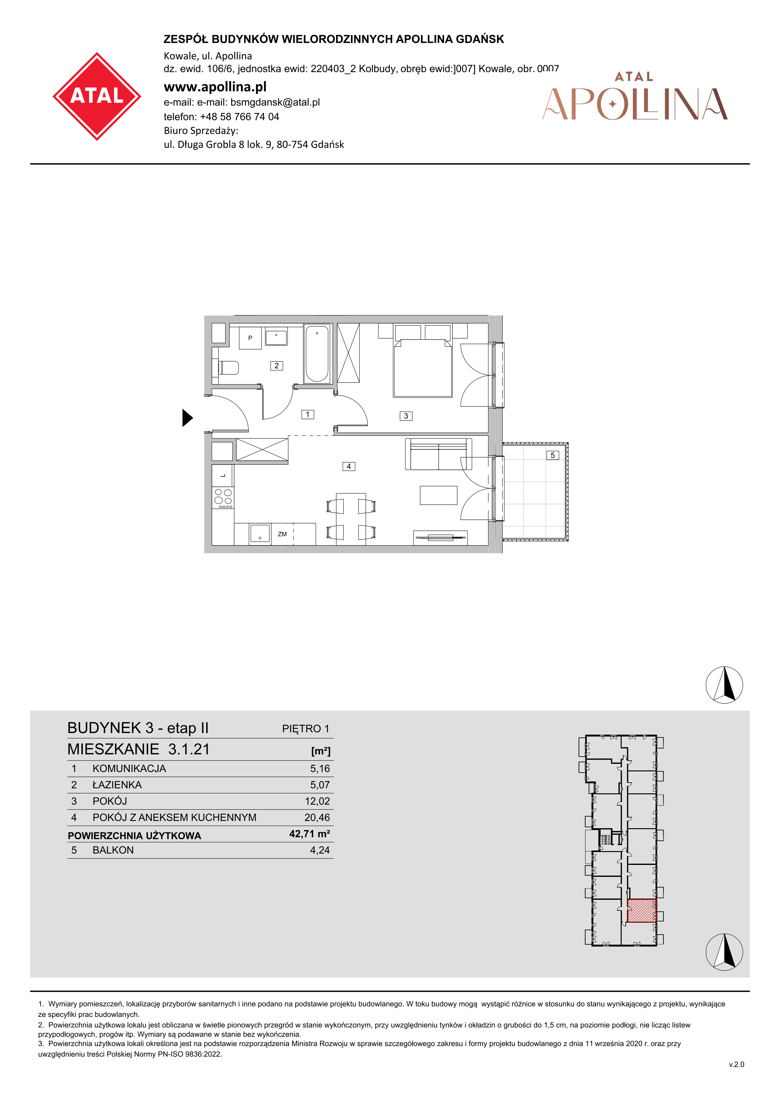 Mieszkanie 42,71 m², piętro 1, oferta nr 3.1.21, ATAL Apollina II, Kowale, ul. Apollina-idx