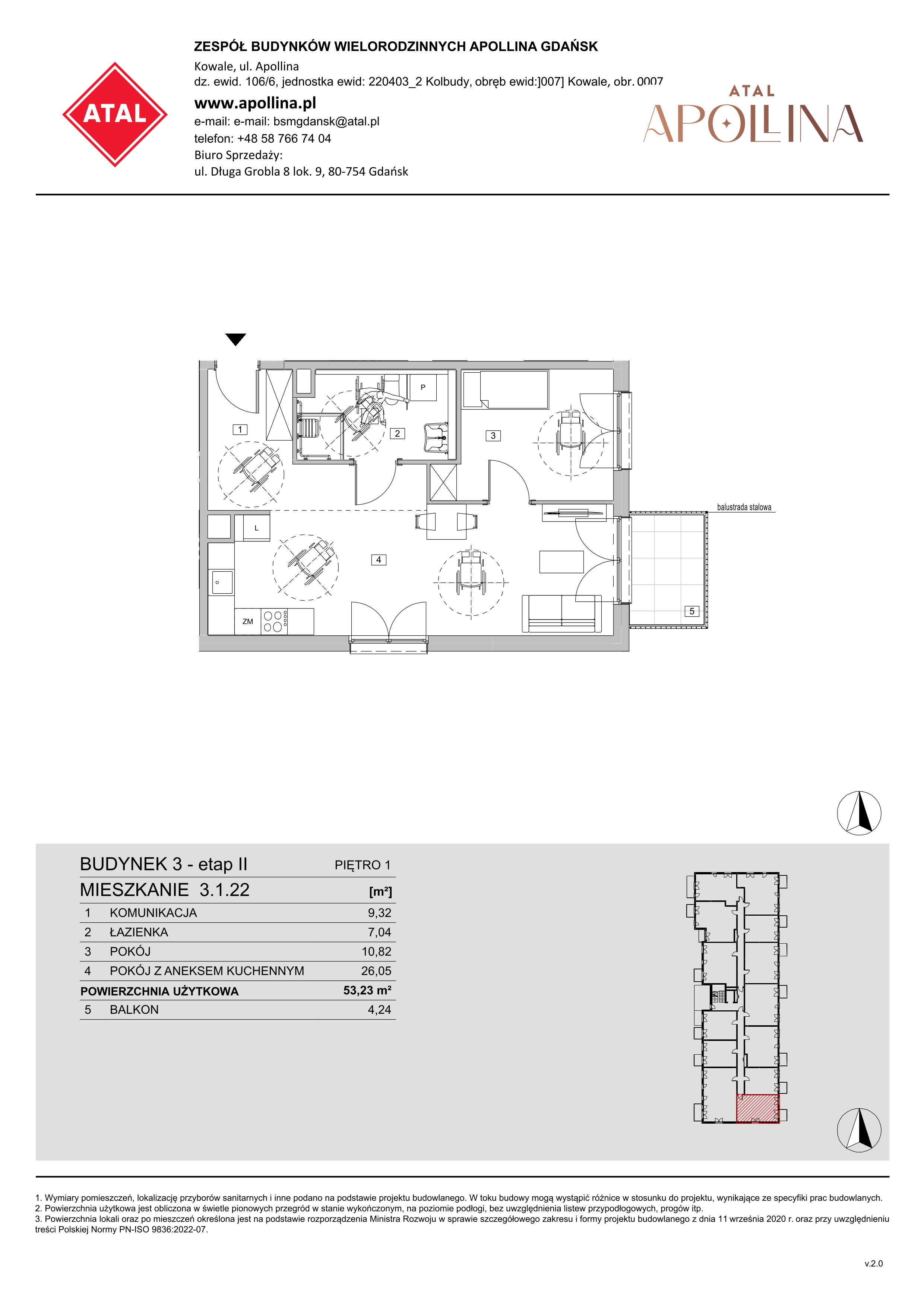 Mieszkanie 53,23 m², piętro 1, oferta nr 3.1.22, ATAL Apollina II, Kowale, ul. Apollina-idx