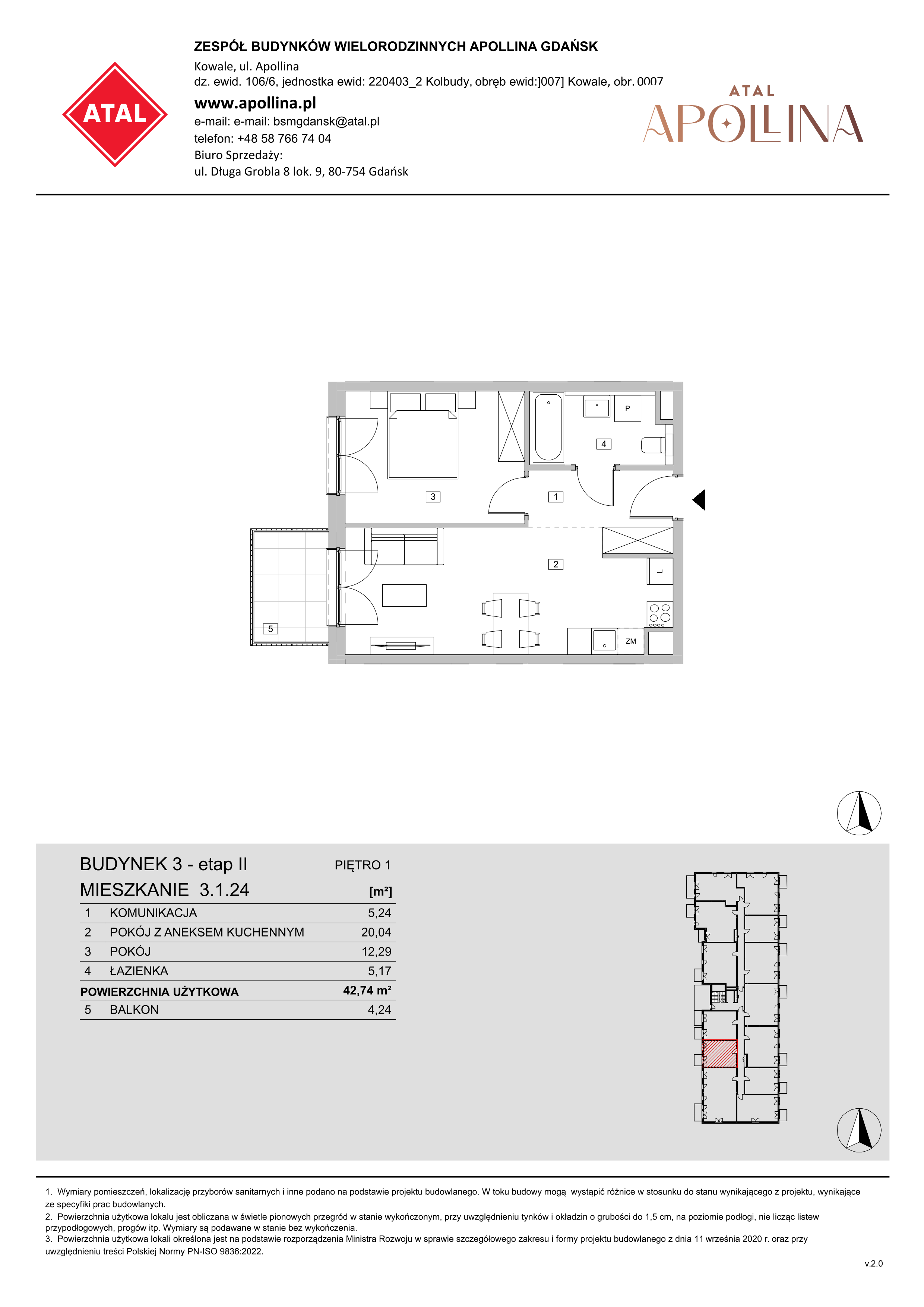 Mieszkanie 42,74 m², piętro 1, oferta nr 3.1.24, ATAL Apollina II, Kowale, ul. Apollina-idx