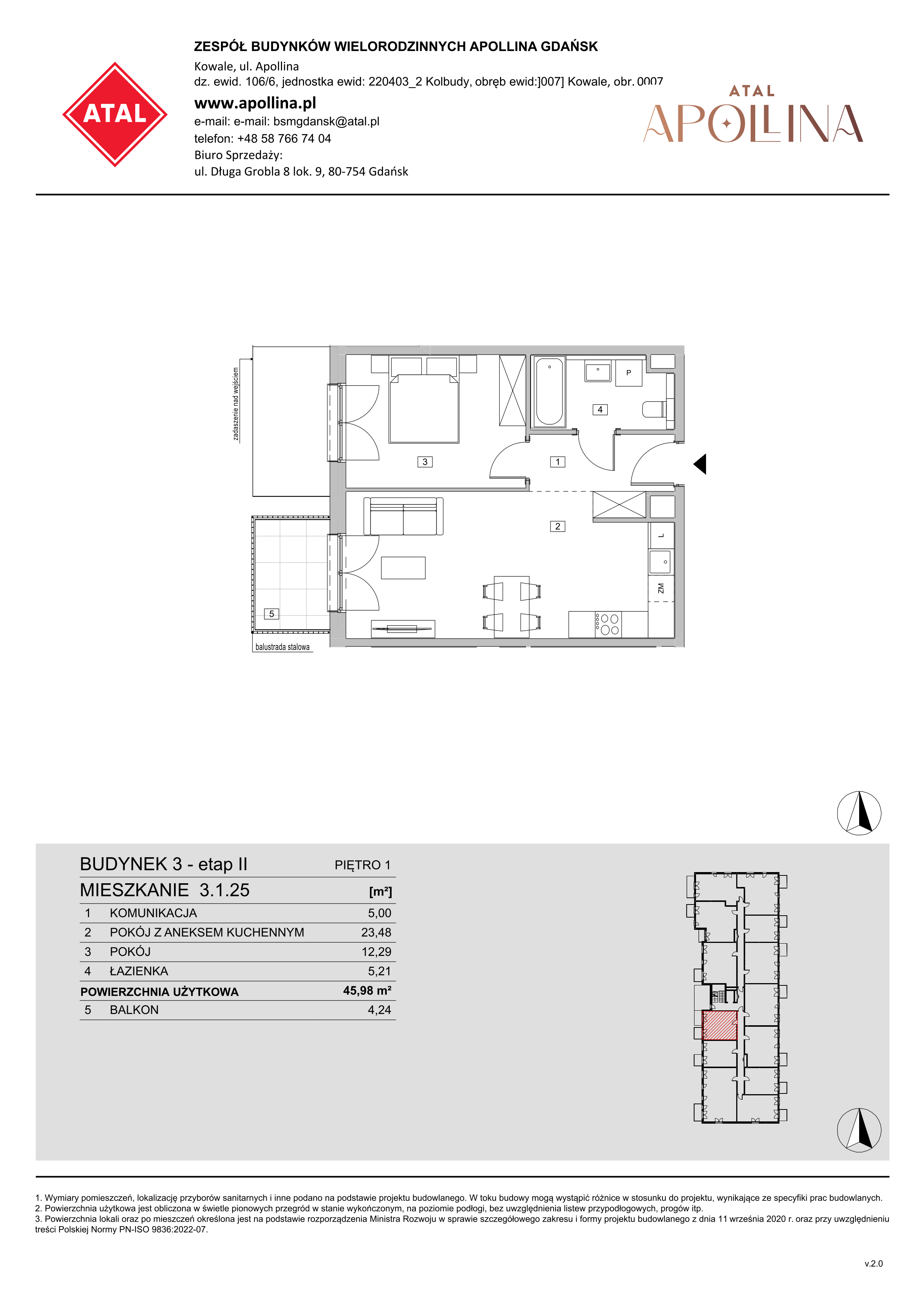 Mieszkanie 45,98 m², piętro 1, oferta nr 3.1.25, ATAL Apollina II, Kowale, ul. Apollina-idx