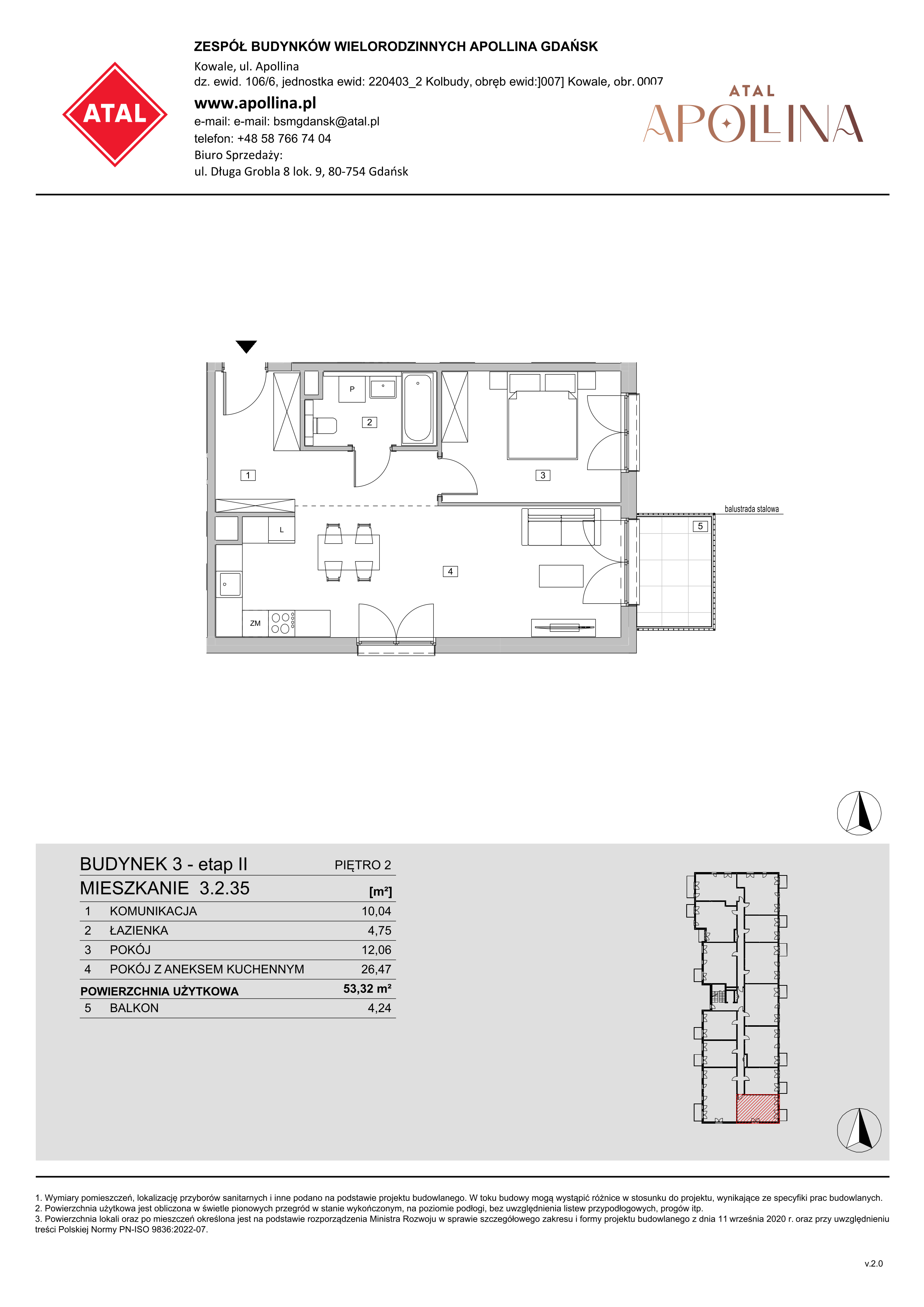 Mieszkanie 53,32 m², piętro 2, oferta nr 3.2.35, ATAL Apollina II, Kowale, ul. Apollina-idx