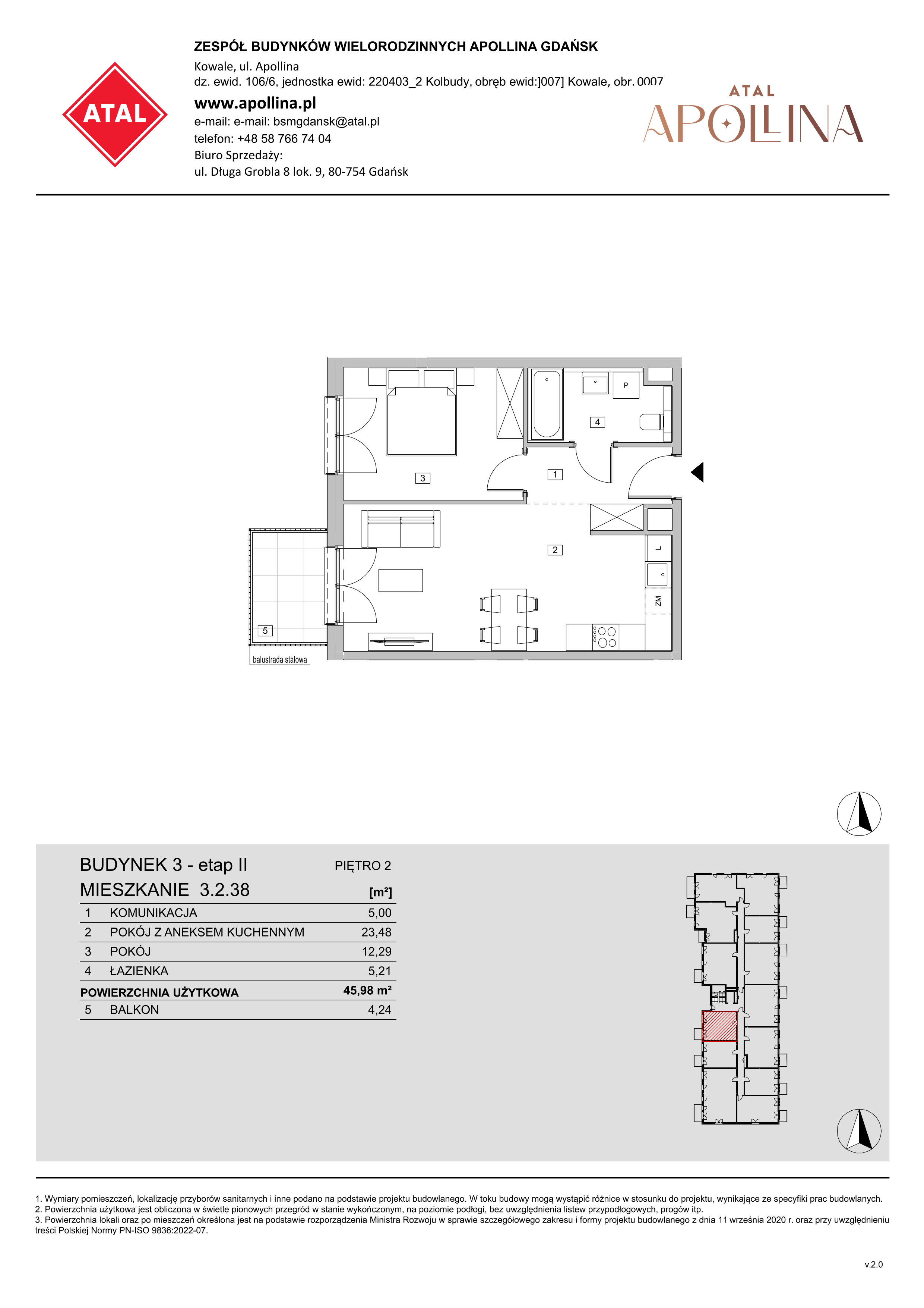 Mieszkanie 45,98 m², piętro 2, oferta nr 3.2.38, ATAL Apollina II, Kowale, ul. Apollina-idx