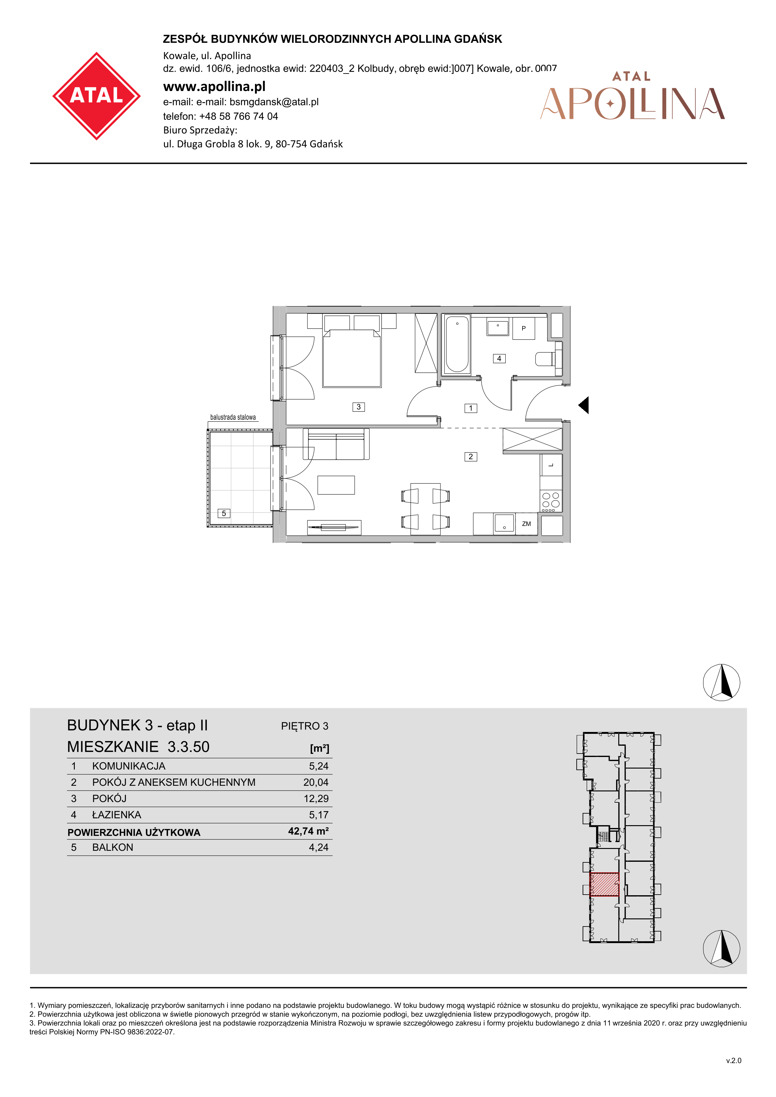 Mieszkanie 42,74 m², piętro 3, oferta nr 3.3.50, ATAL Apollina II, Kowale, ul. Apollina-idx