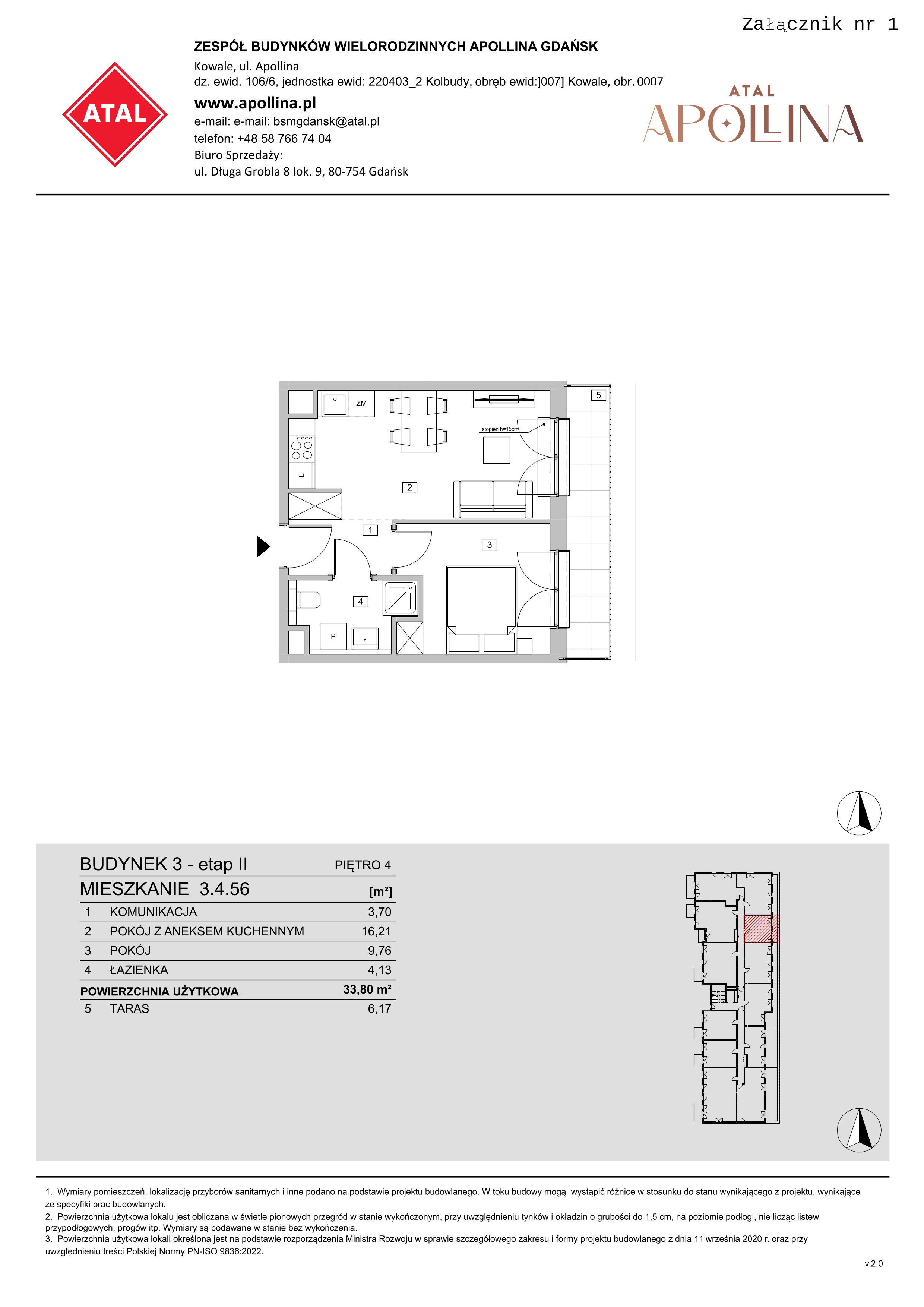 Mieszkanie 33,80 m², piętro 4, oferta nr 3.4.56, ATAL Apollina II, Kowale, ul. Apollina-idx