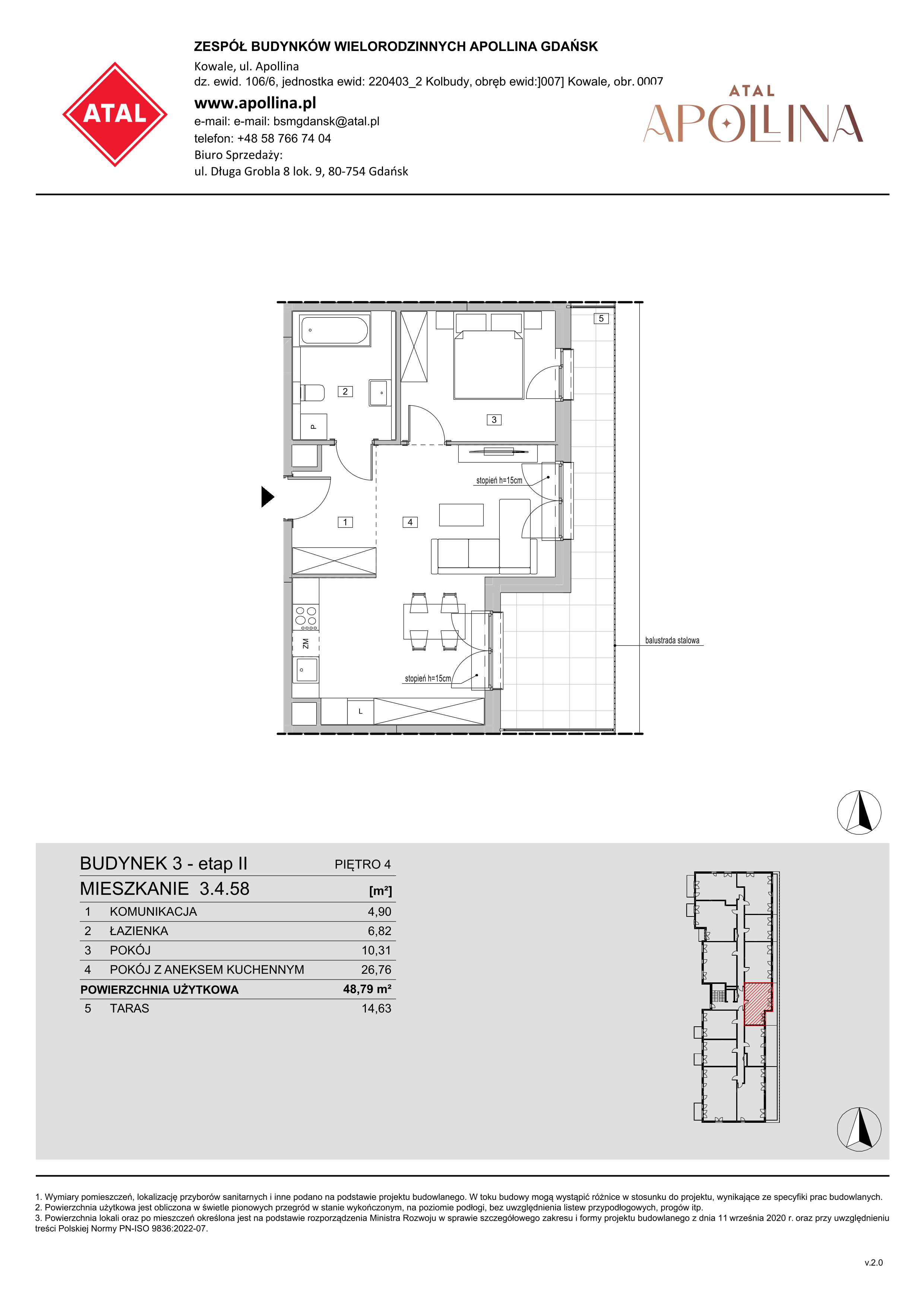 Mieszkanie 48,79 m², piętro 4, oferta nr 3.4.58, ATAL Apollina II, Kowale, ul. Apollina-idx