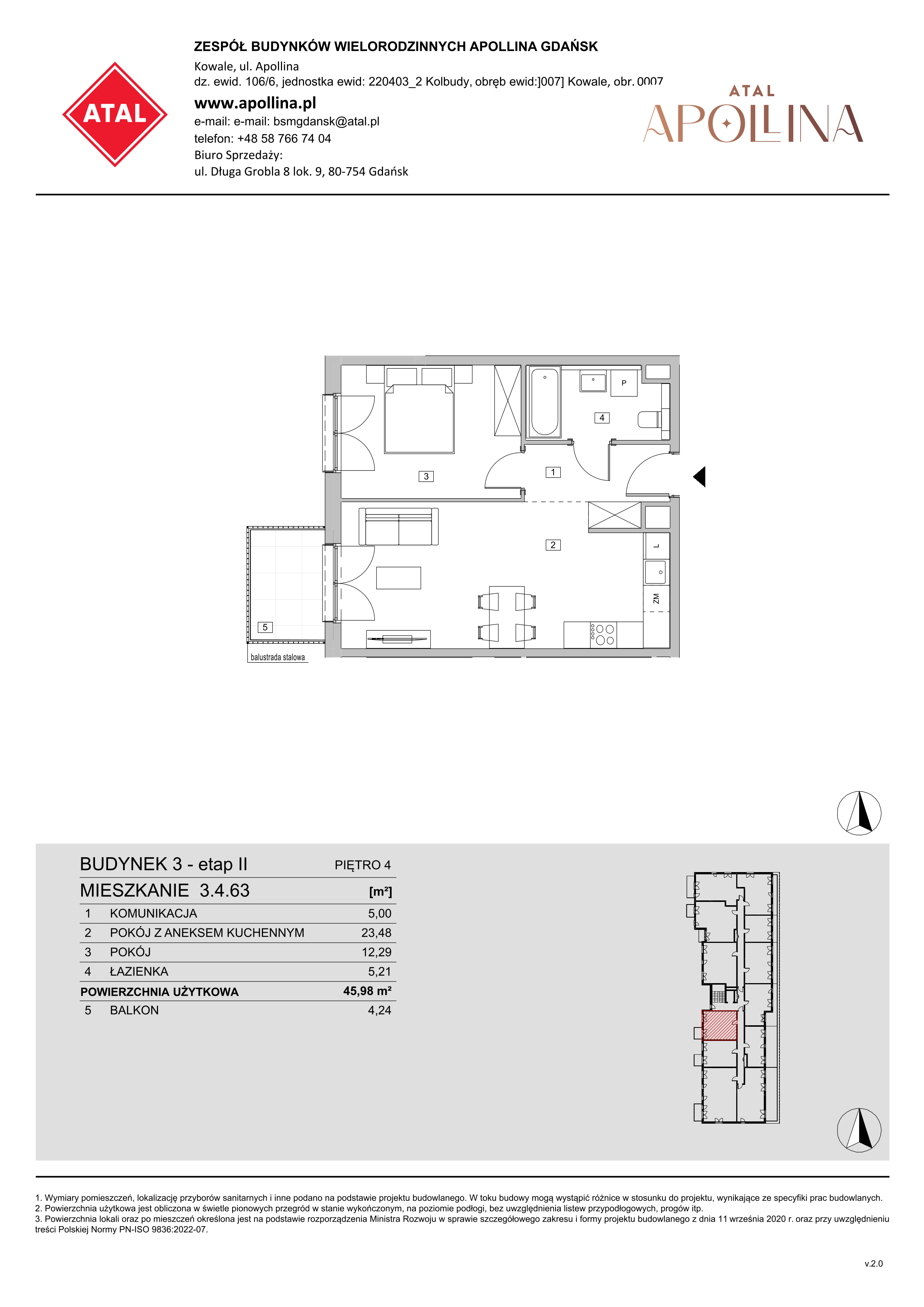 Mieszkanie 45,98 m², piętro 4, oferta nr 3.4.63, ATAL Apollina II, Kowale, ul. Apollina-idx