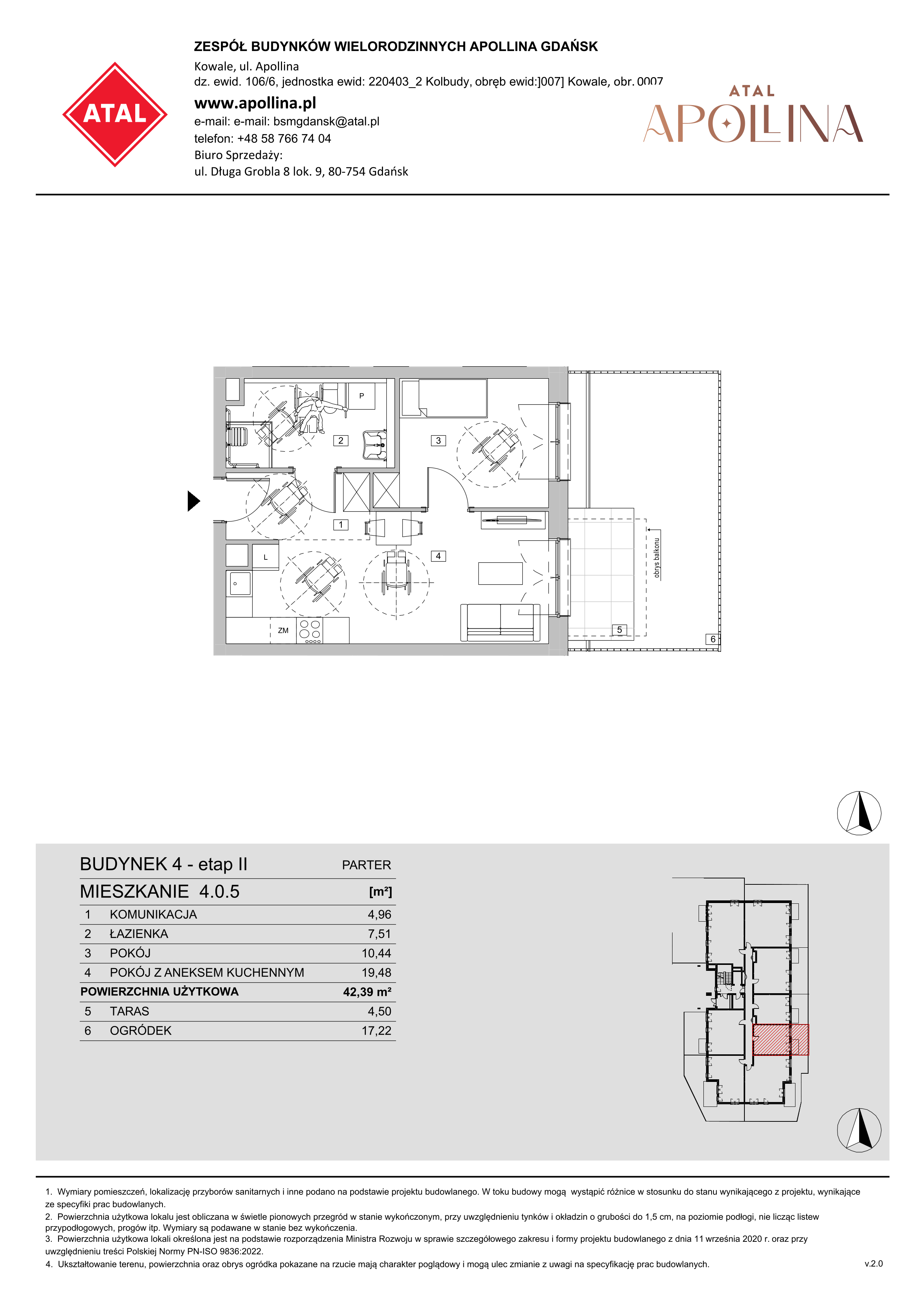 Mieszkanie 42,39 m², parter, oferta nr 4.0.5, ATAL Apollina II, Kowale, ul. Apollina-idx