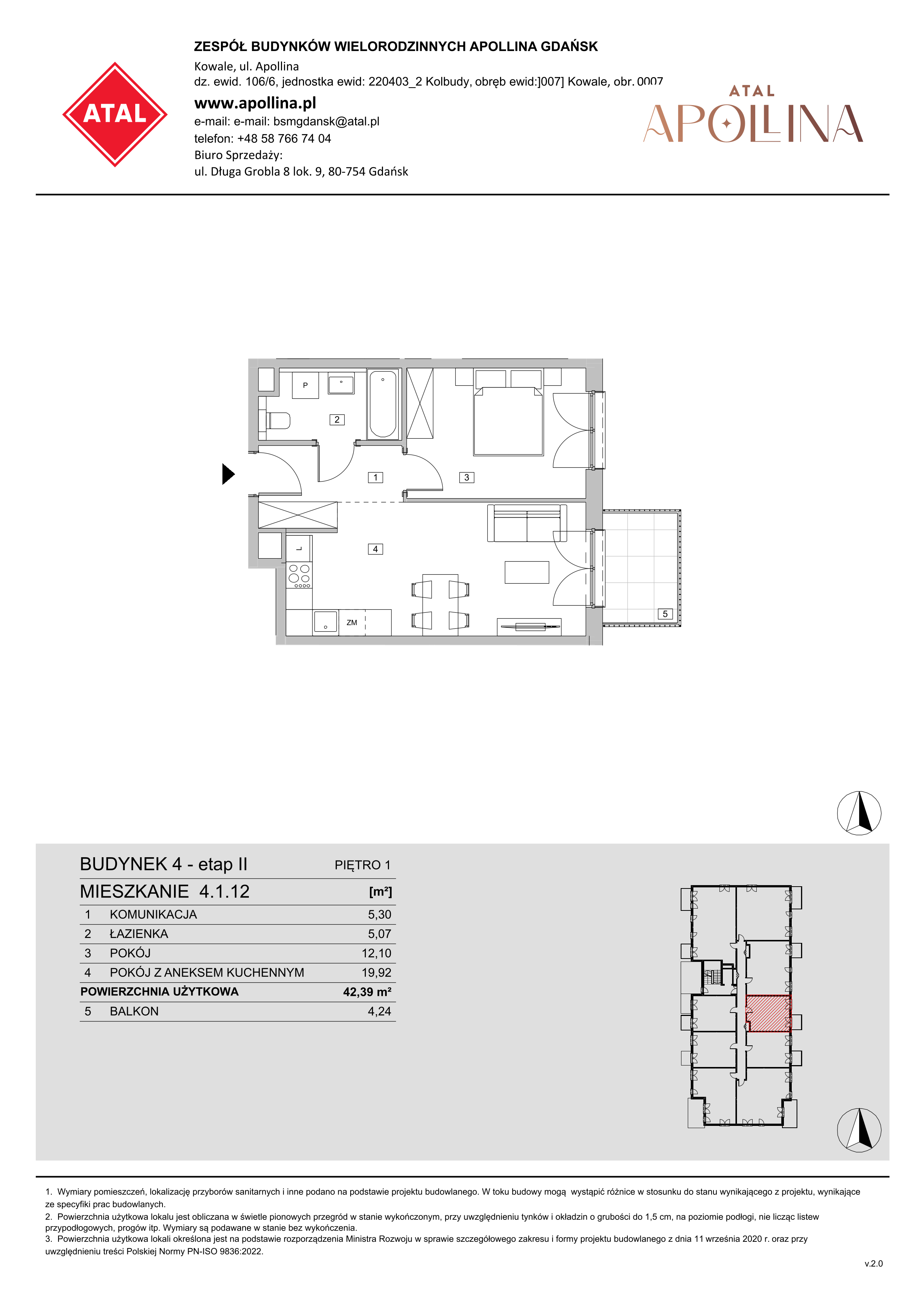 Mieszkanie 42,39 m², piętro 1, oferta nr 4.1.12, ATAL Apollina II, Kowale, ul. Apollina-idx