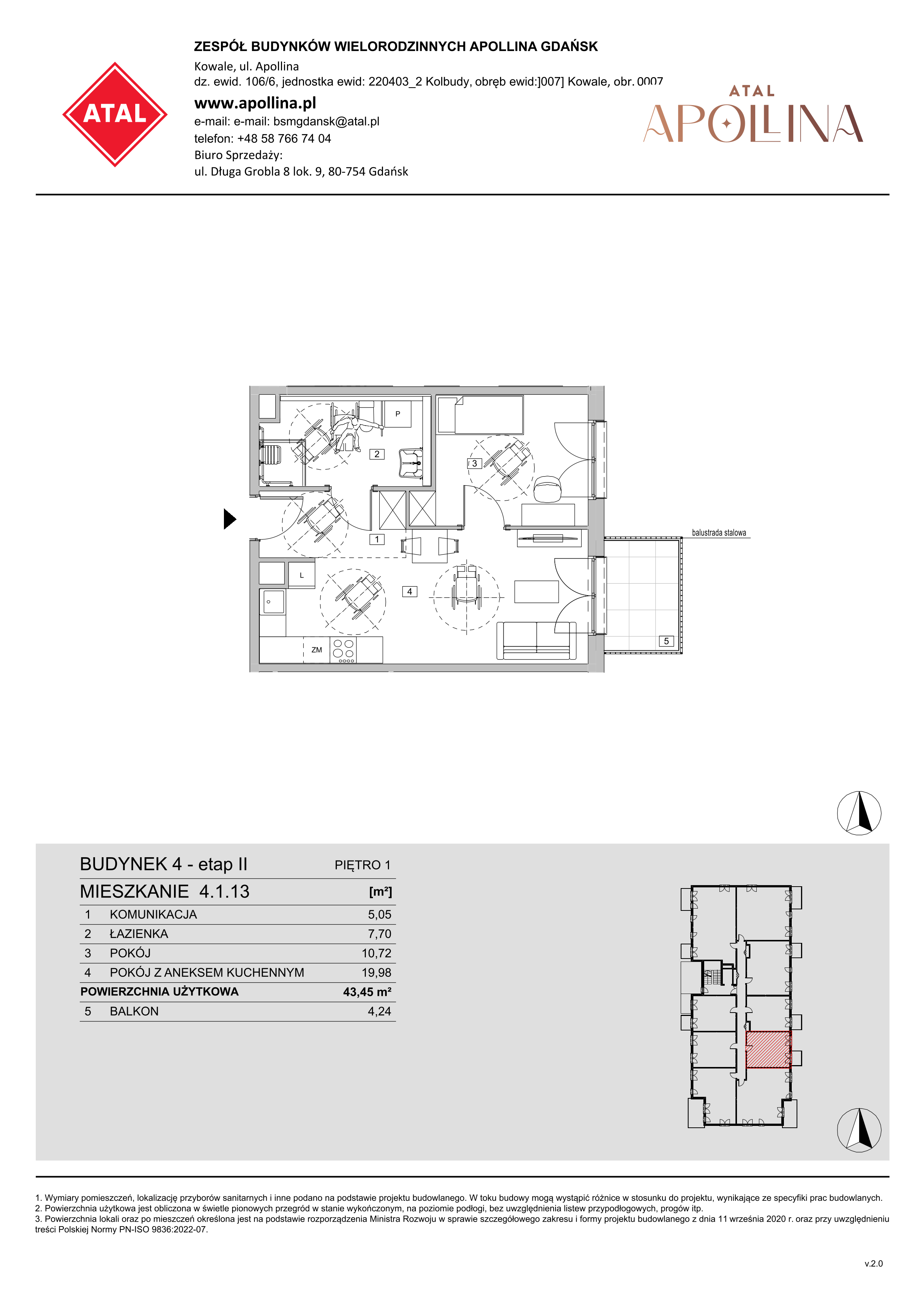 Mieszkanie 43,45 m², piętro 1, oferta nr 4.1.13, ATAL Apollina II, Kowale, ul. Apollina-idx