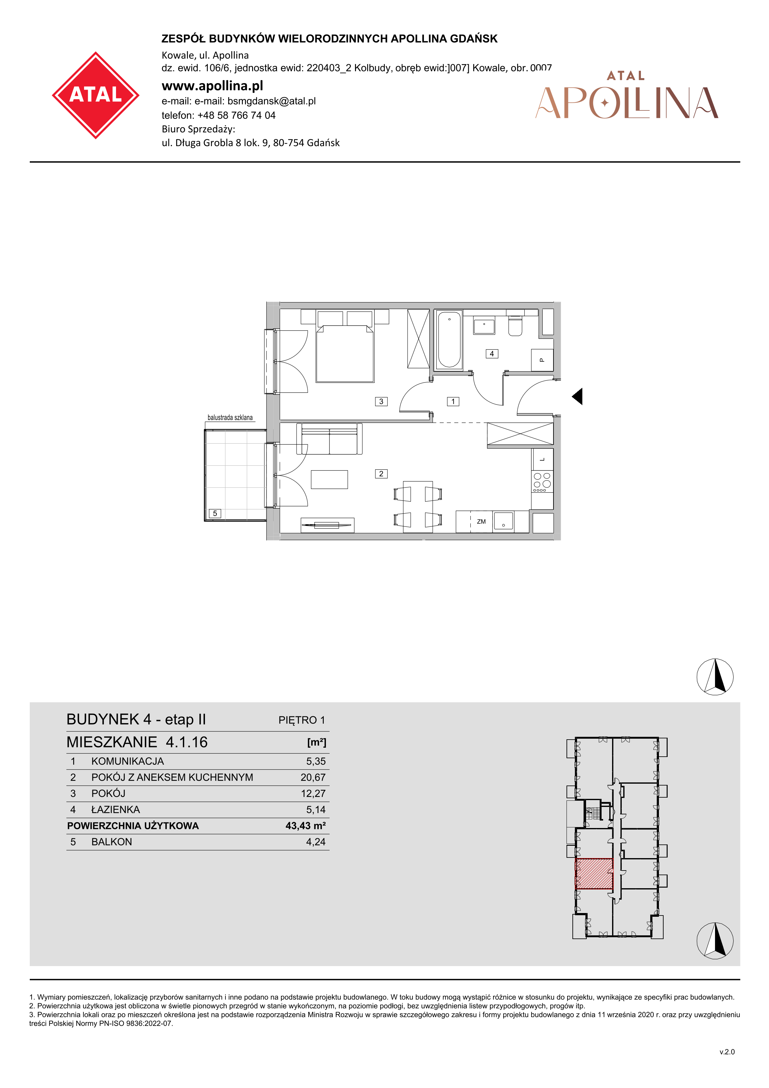 Mieszkanie 43,43 m², piętro 1, oferta nr 4.1.16, ATAL Apollina II, Kowale, ul. Apollina-idx