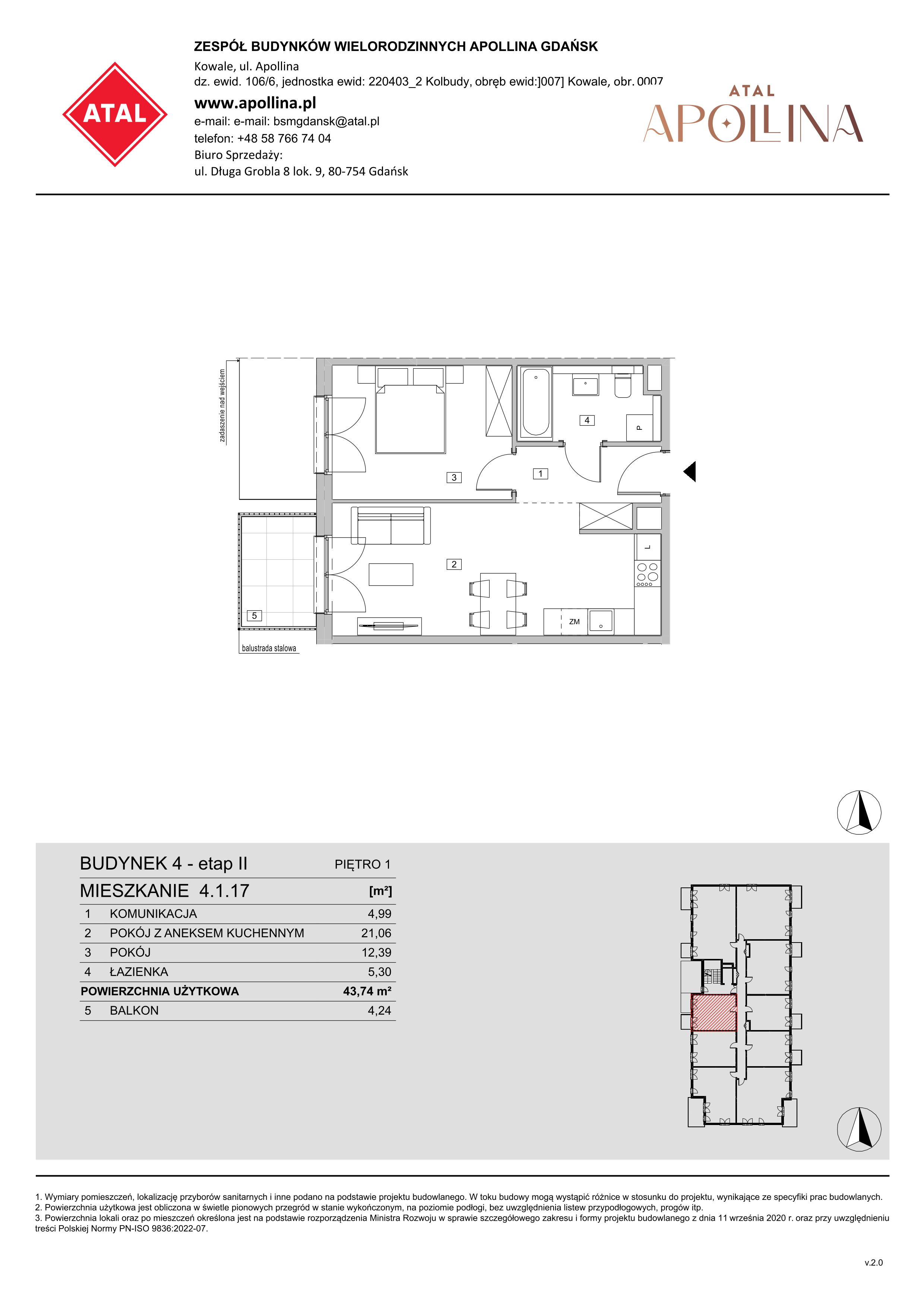 Mieszkanie 43,74 m², piętro 1, oferta nr 4.1.17, ATAL Apollina II, Kowale, ul. Apollina-idx