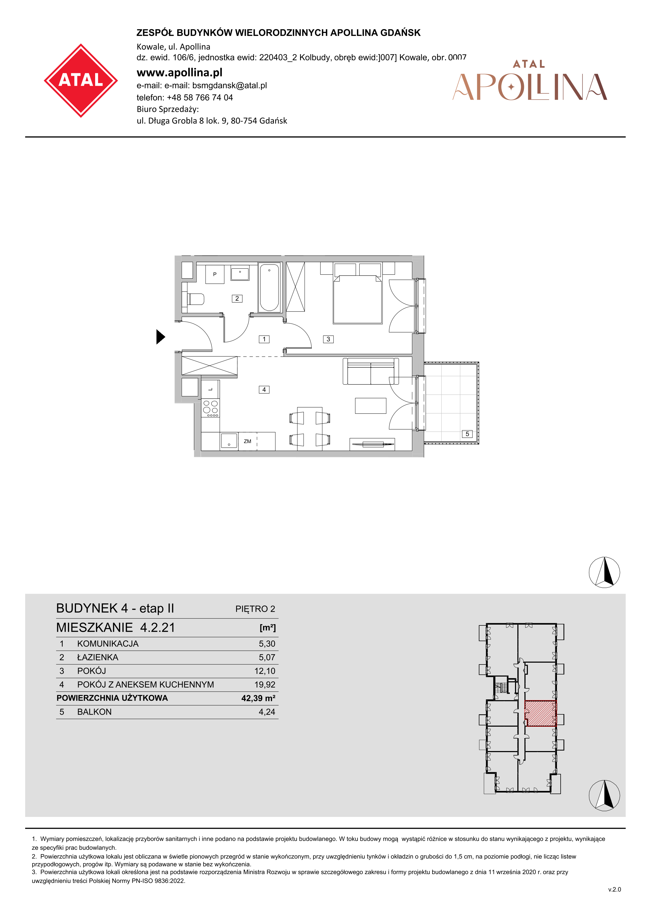 Mieszkanie 42,39 m², piętro 2, oferta nr 4.2.21, ATAL Apollina II, Kowale, ul. Apollina-idx