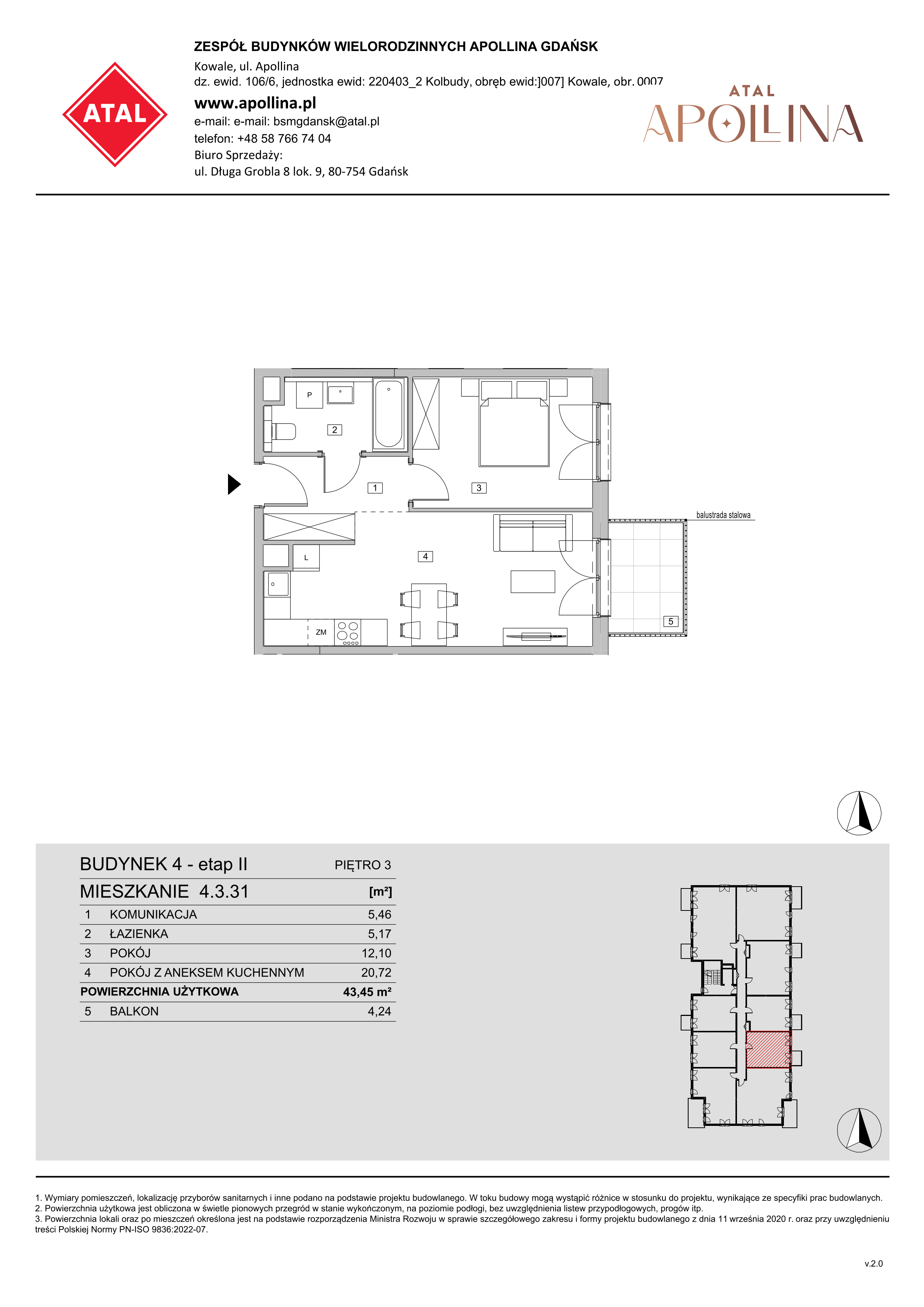 Mieszkanie 43,45 m², piętro 3, oferta nr 4.3.31, ATAL Apollina II, Kowale, ul. Apollina-idx