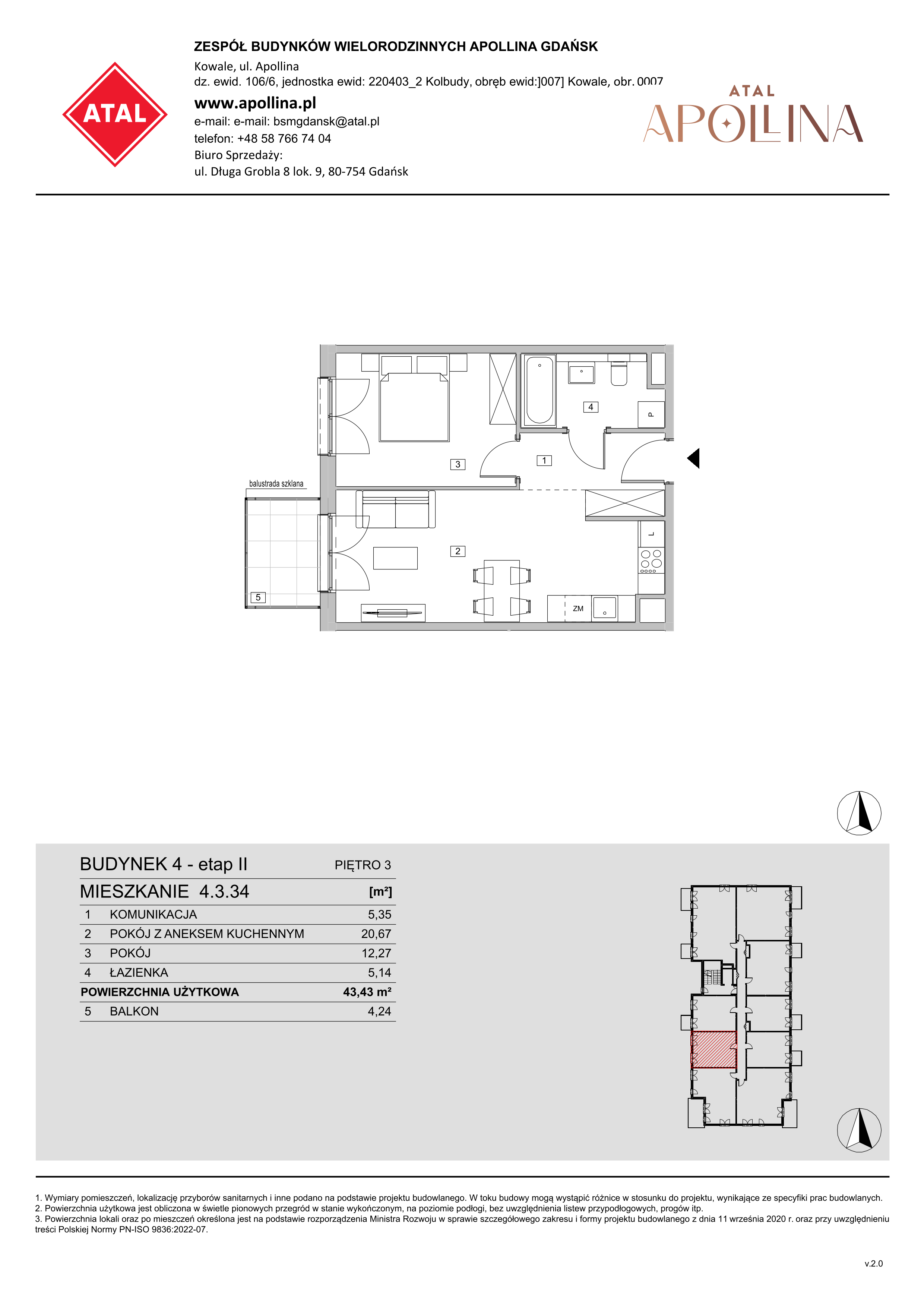 Mieszkanie 43,43 m², piętro 3, oferta nr 4.3.34, ATAL Apollina II, Kowale, ul. Apollina-idx