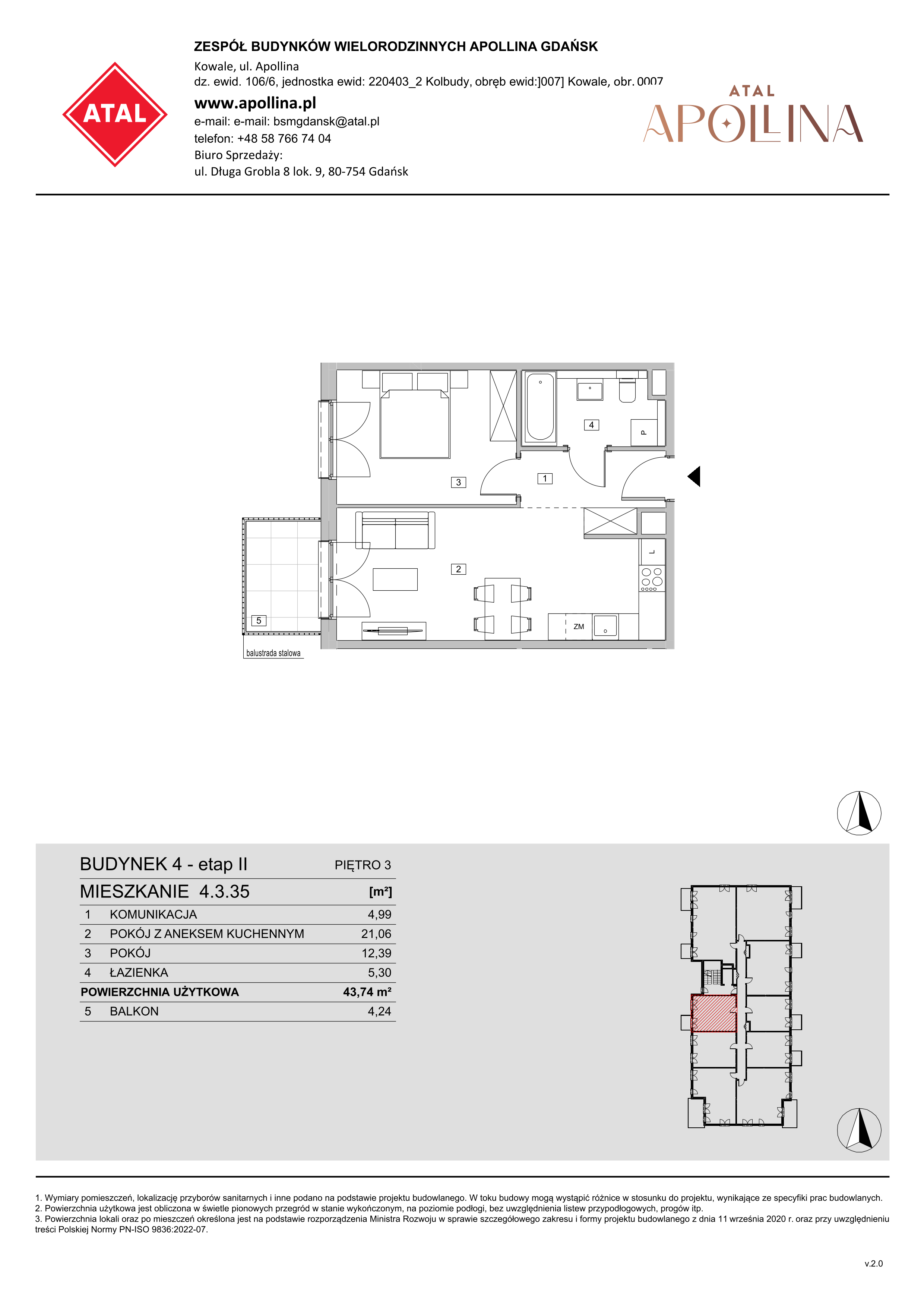 Mieszkanie 43,74 m², piętro 3, oferta nr 4.3.35, ATAL Apollina II, Kowale, ul. Apollina-idx