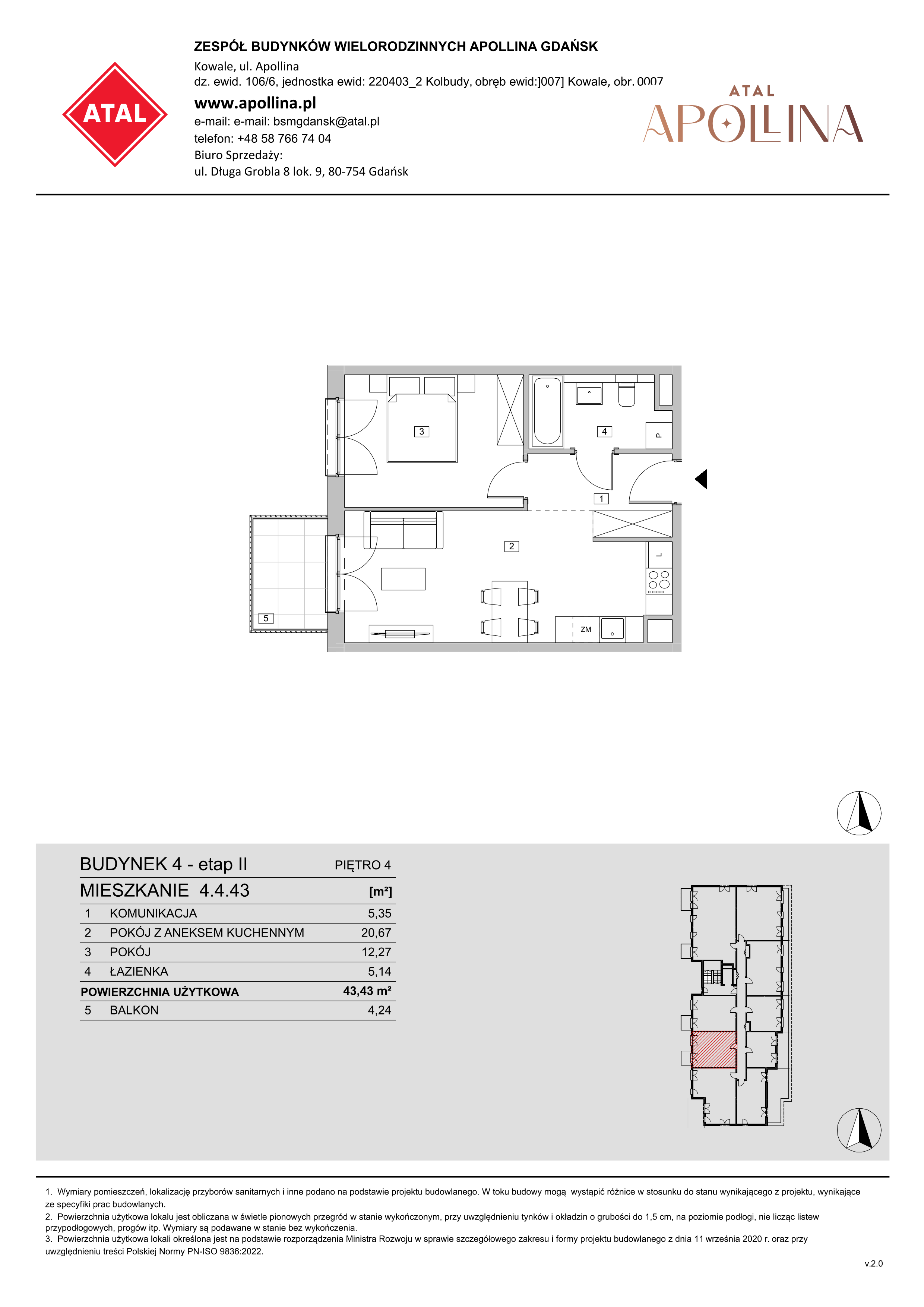 Mieszkanie 43,43 m², piętro 4, oferta nr 4.4.43, ATAL Apollina II, Kowale, ul. Apollina-idx