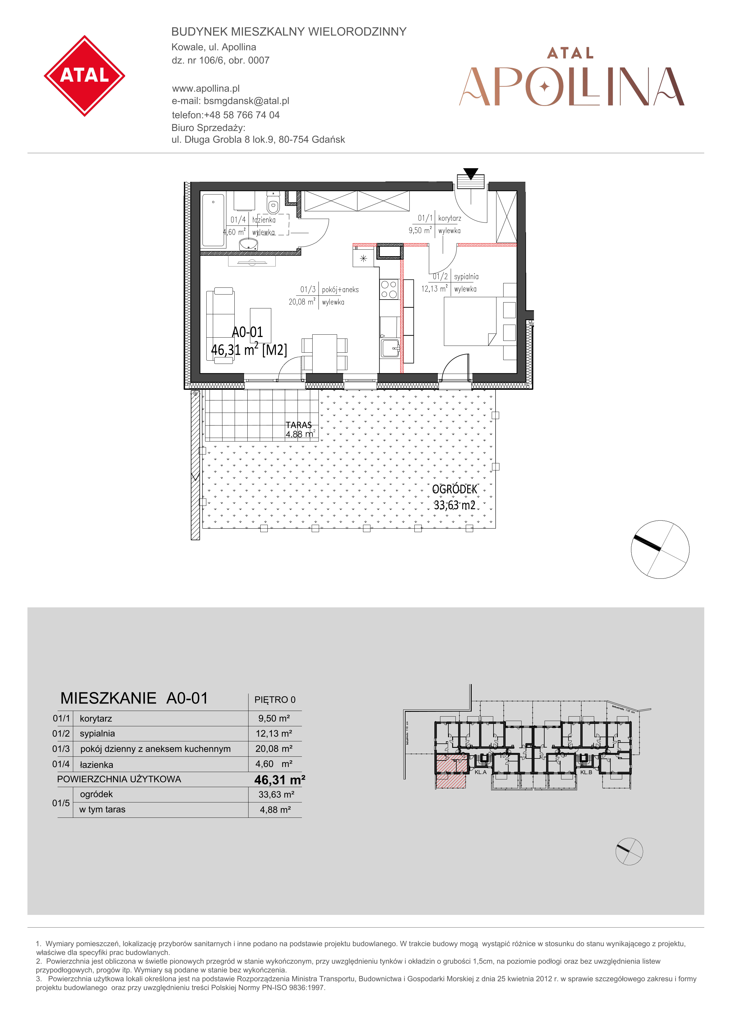 Mieszkanie 46,31 m², parter, oferta nr A0-01, ATAL Apollina, Kowale, ul. Apollina-idx