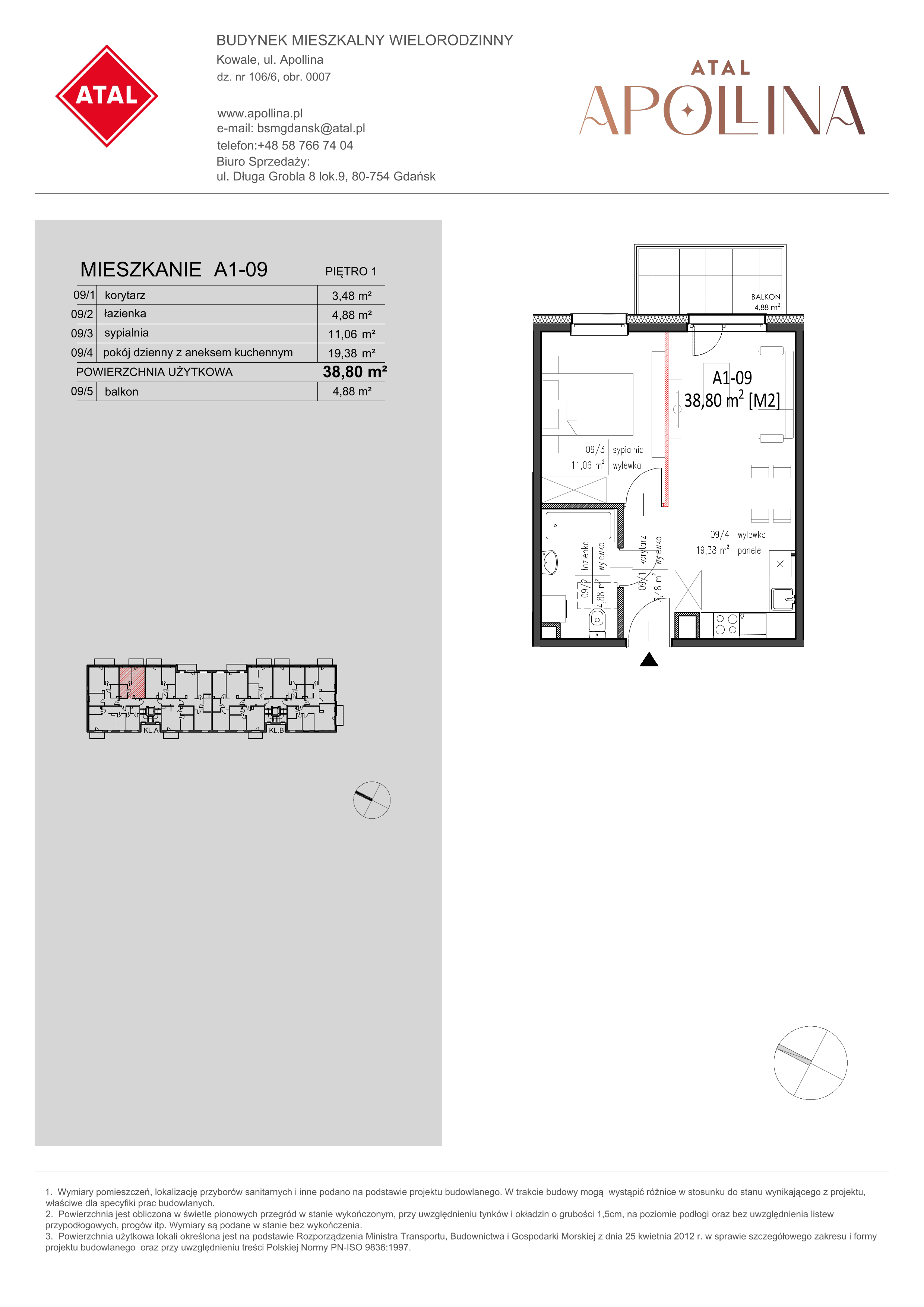 Mieszkanie 38,80 m², piętro 1, oferta nr A1-09, ATAL Apollina, Kowale, ul. Apollina-idx