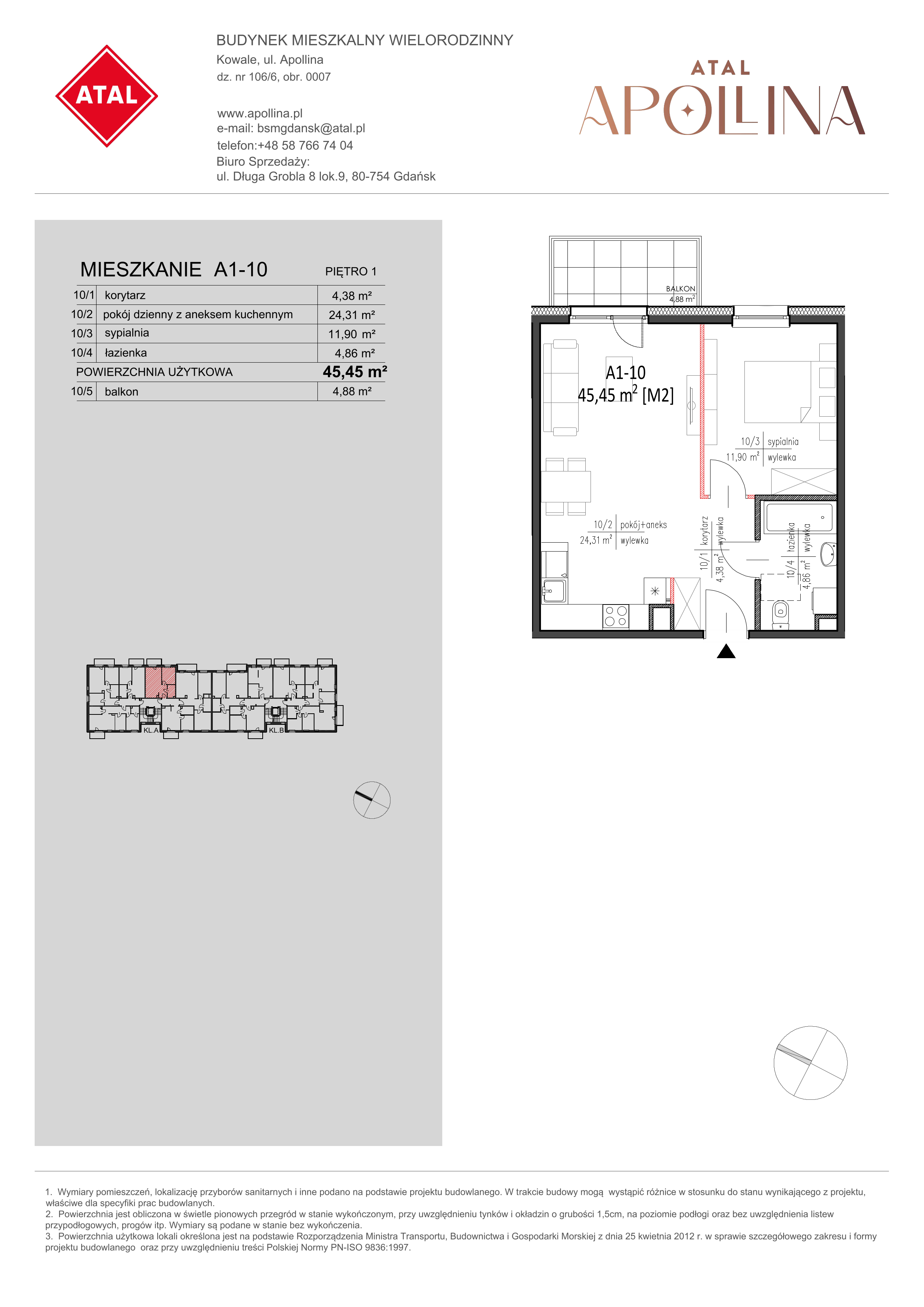 Mieszkanie 45,45 m², piętro 1, oferta nr A1-10, ATAL Apollina, Kowale, ul. Apollina-idx