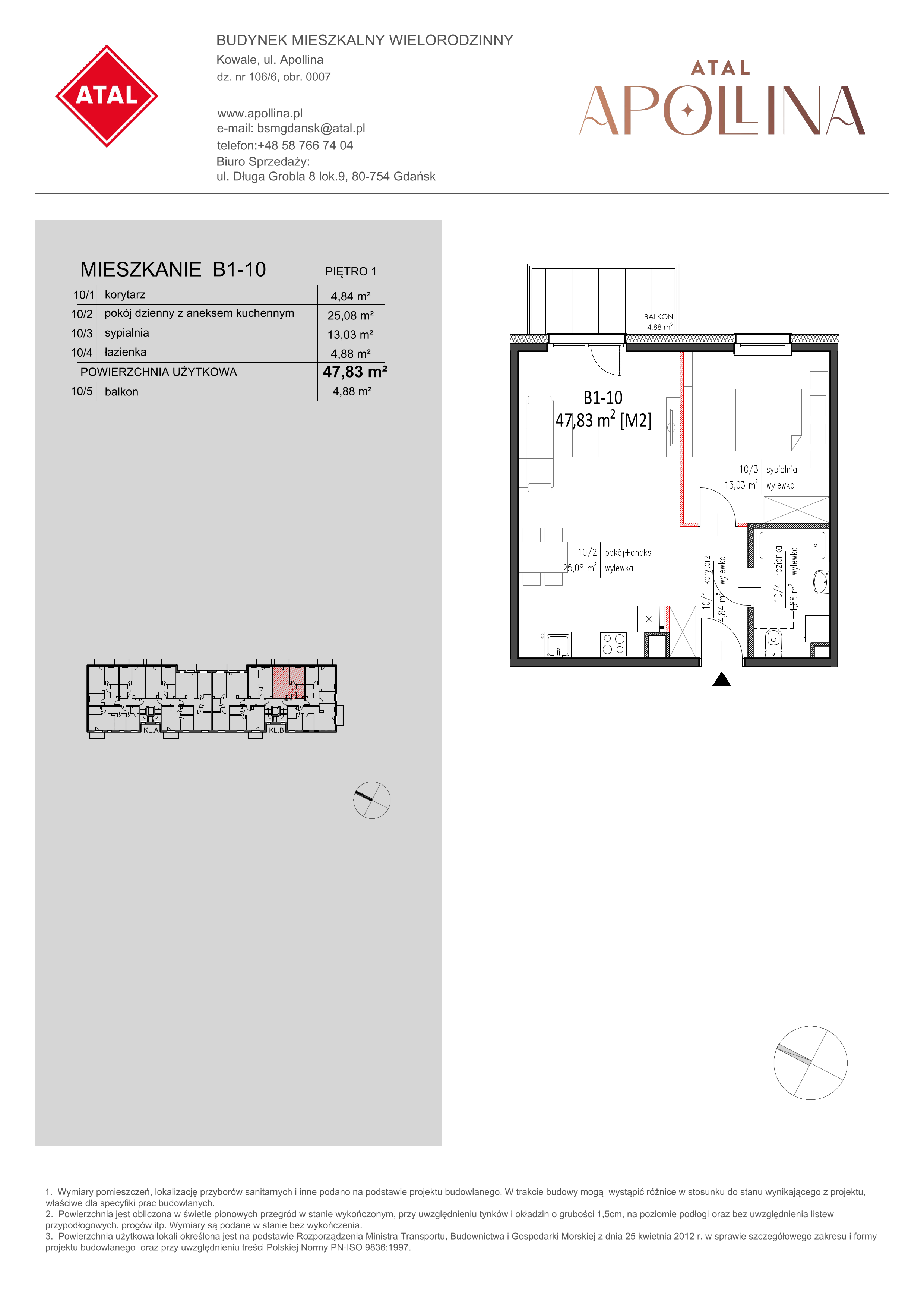 Mieszkanie 47,83 m², piętro 1, oferta nr B1-10, ATAL Apollina, Kowale, ul. Apollina-idx