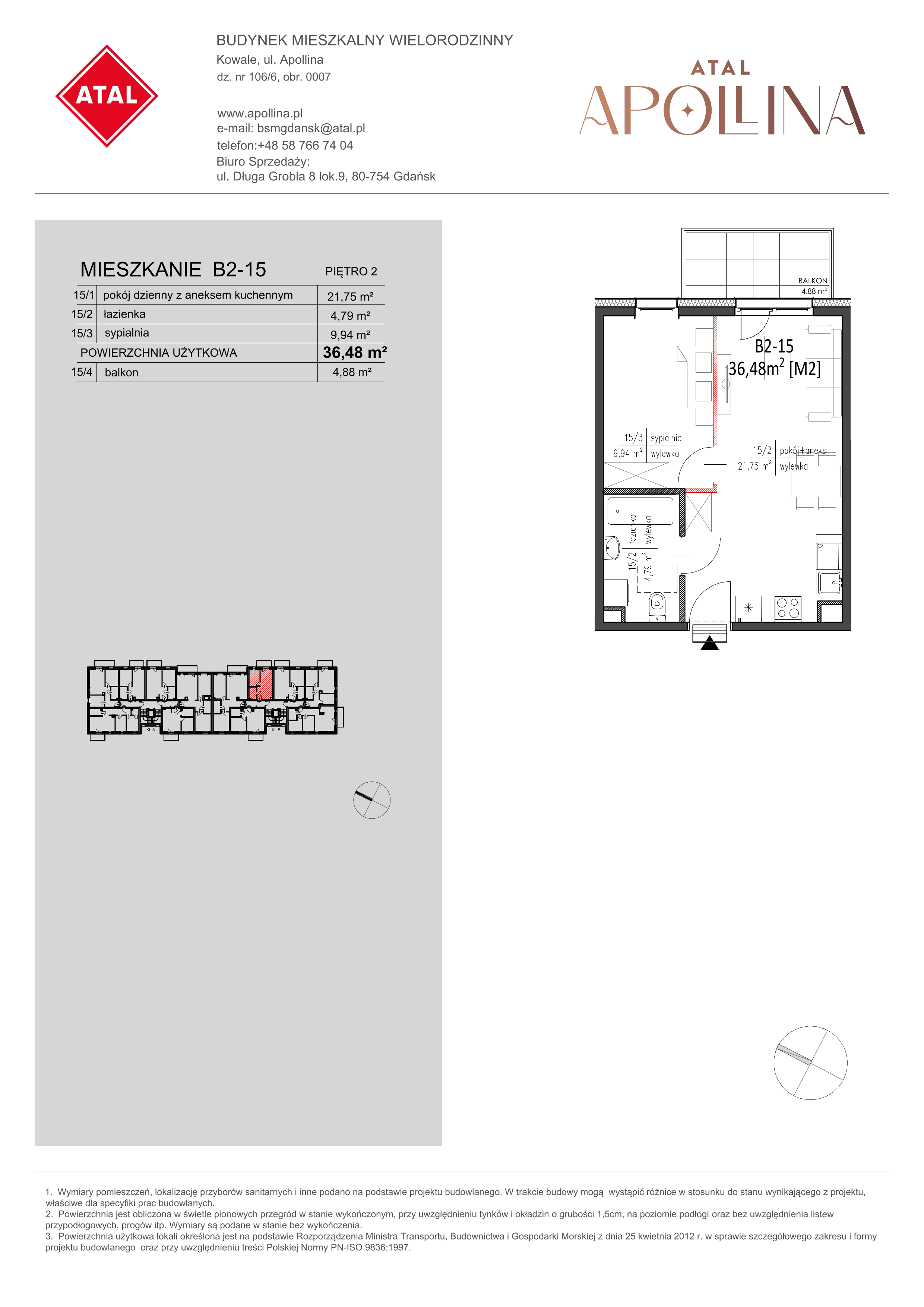 Mieszkanie 36,48 m², piętro 2, oferta nr B2-15, ATAL Apollina, Kowale, ul. Apollina-idx