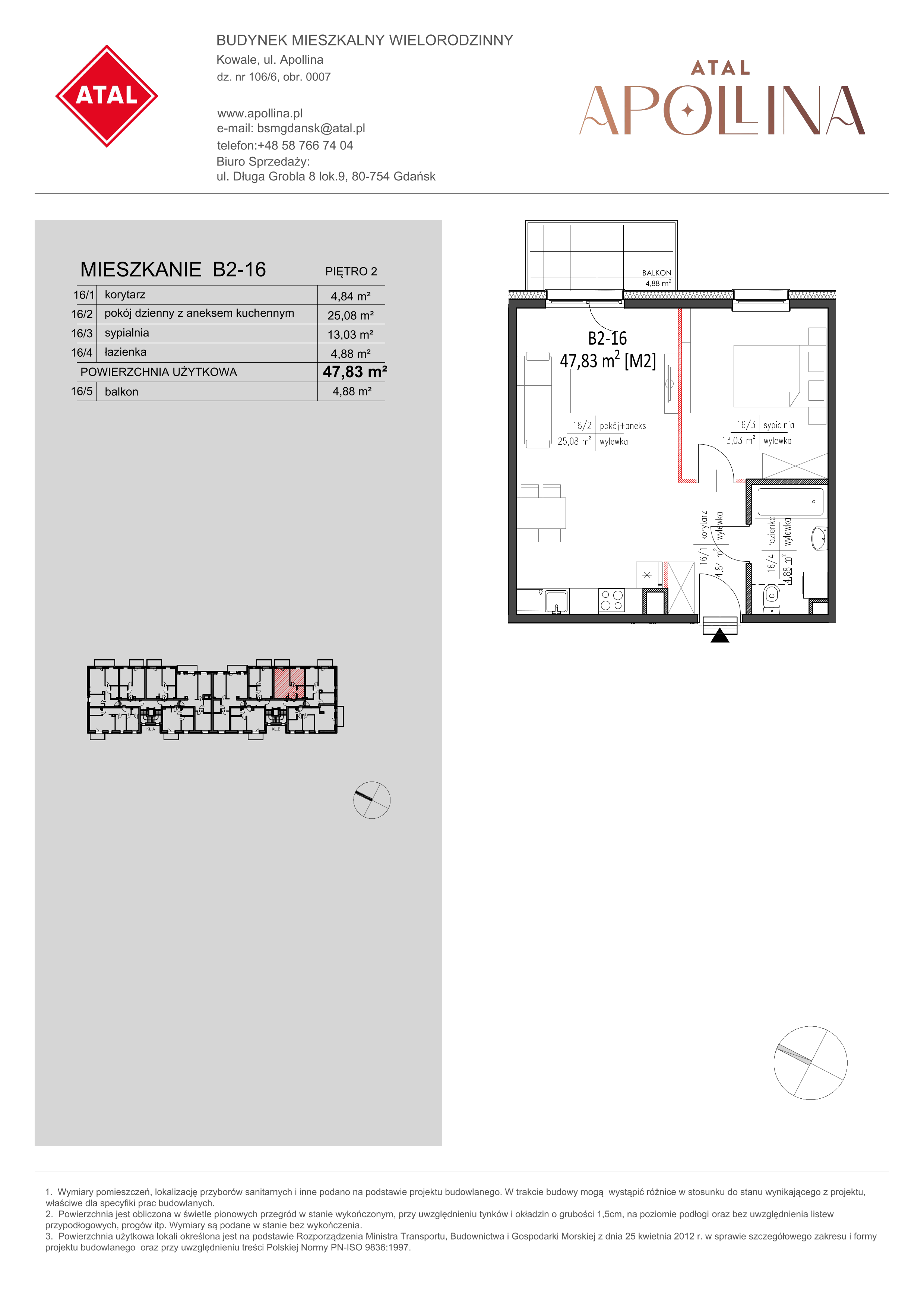 Mieszkanie 47,83 m², piętro 2, oferta nr B2-16, ATAL Apollina, Kowale, ul. Apollina-idx