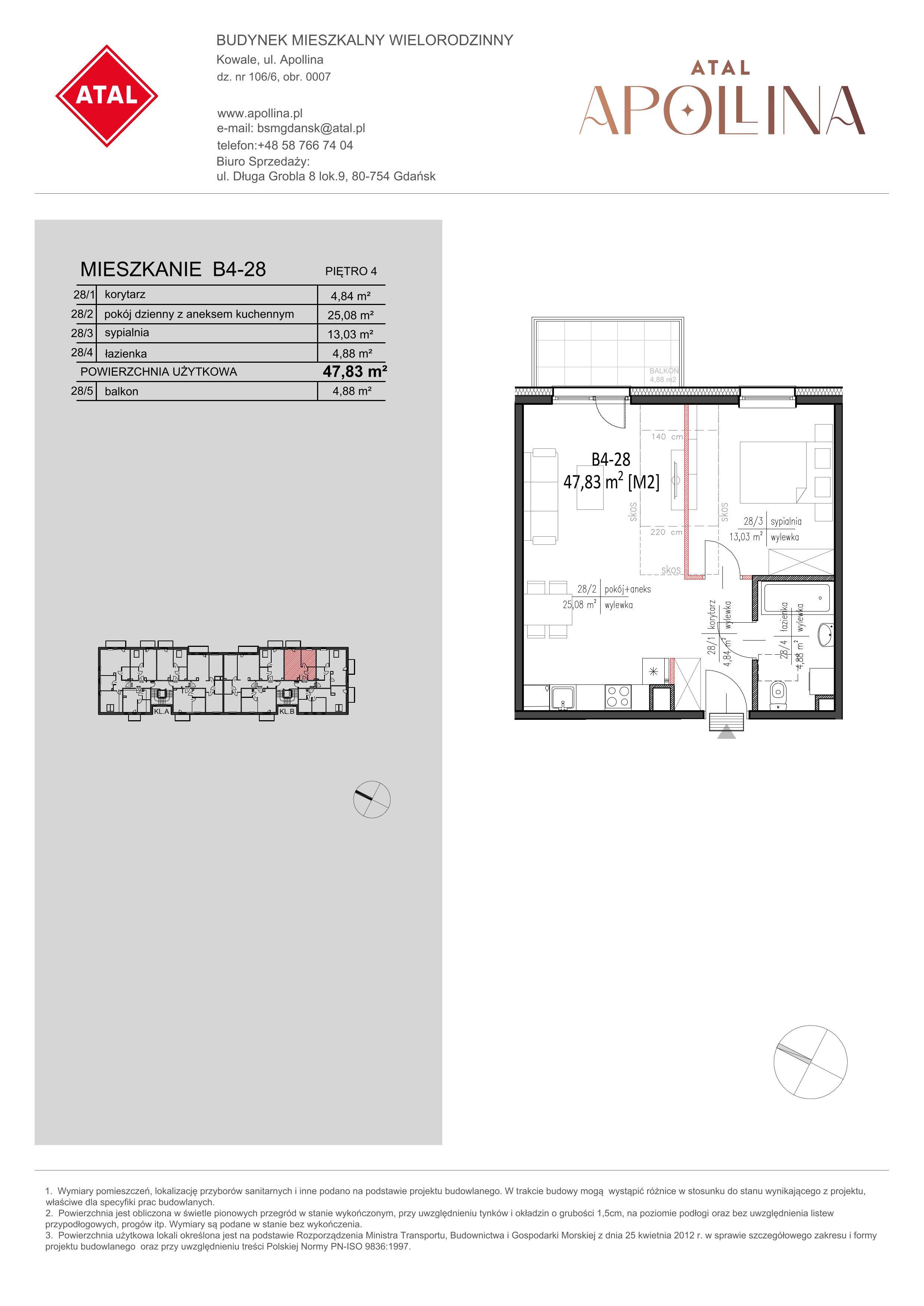 Mieszkanie 47,83 m², piętro 4, oferta nr B4-28, ATAL Apollina, Kowale, ul. Apollina-idx