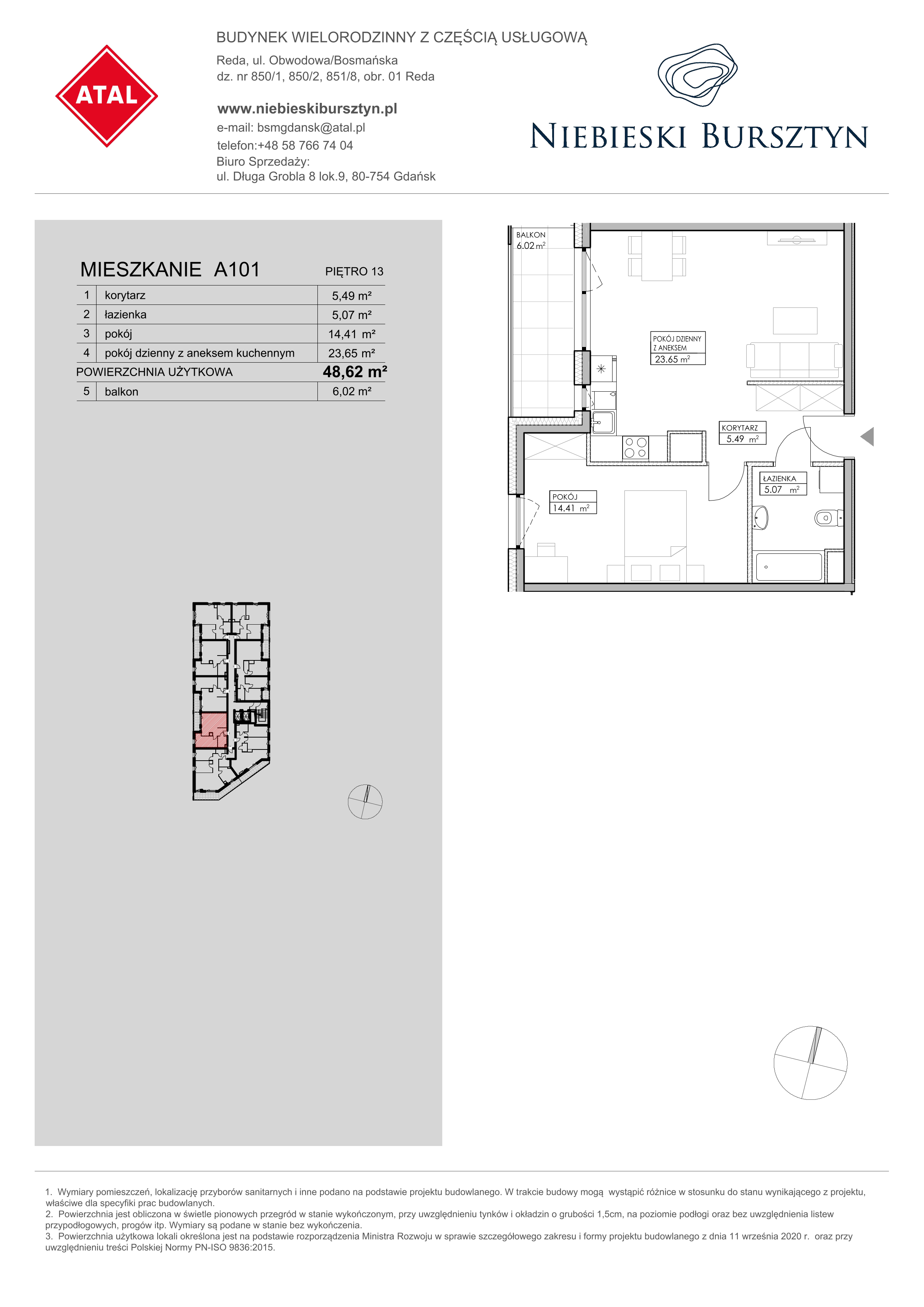 Mieszkanie 48,62 m², piętro 13, oferta nr A101, Niebieski Bursztyn, Reda, ul. Bosmańska-idx