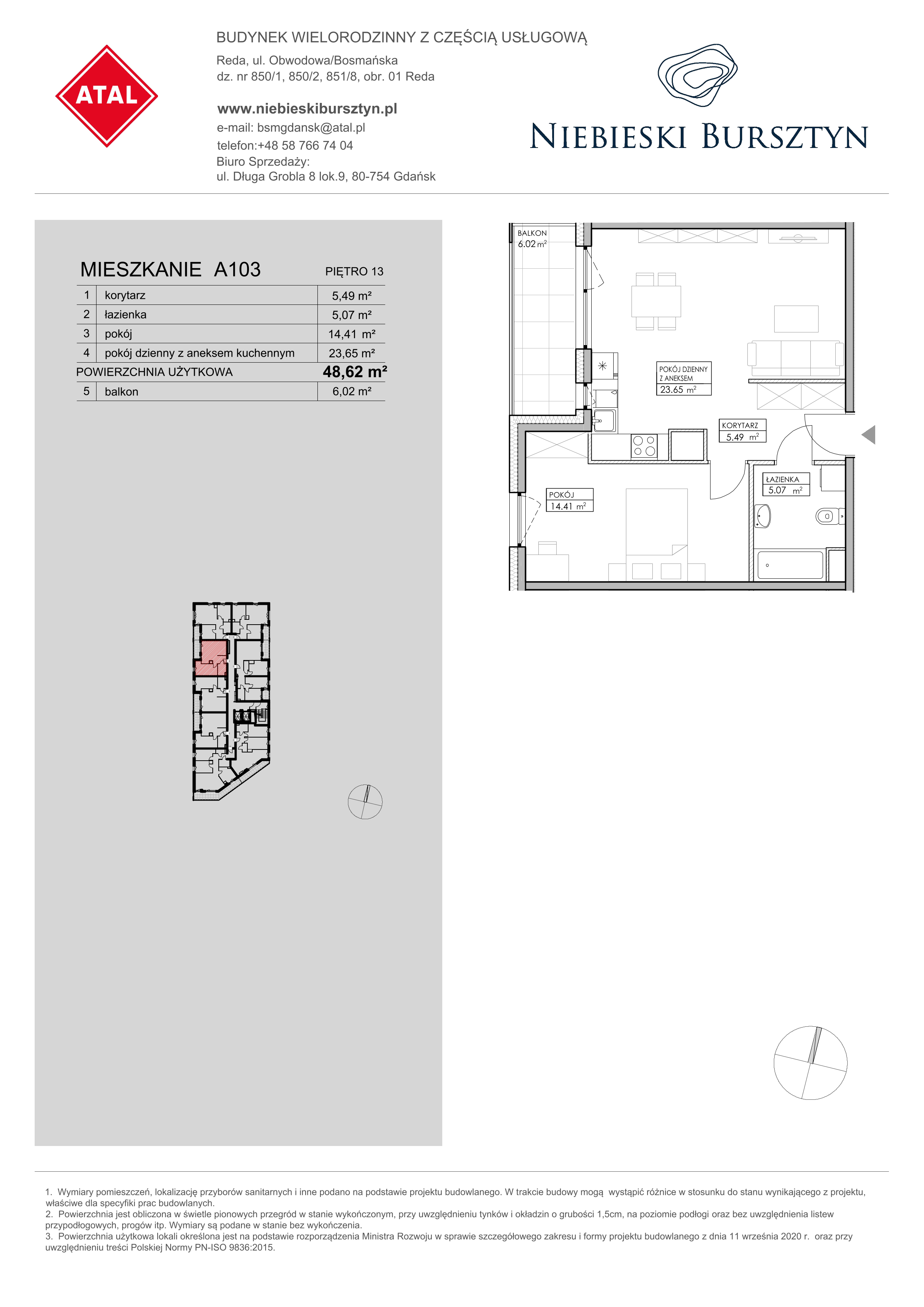 Mieszkanie 48,62 m², piętro 13, oferta nr A103, Niebieski Bursztyn, Reda, ul. Bosmańska-idx