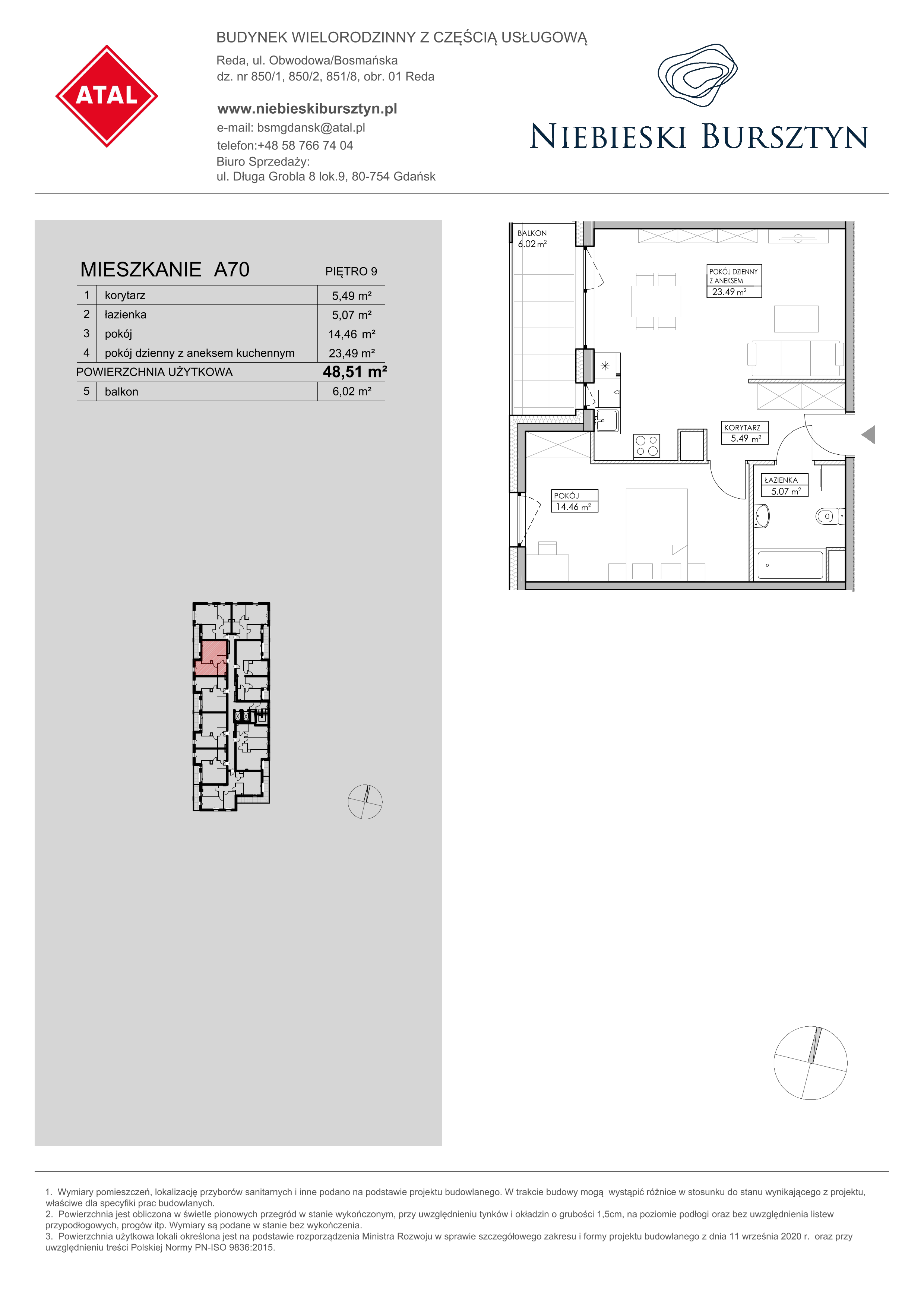 Mieszkanie 48,51 m², piętro 9, oferta nr A70, Niebieski Bursztyn, Reda, ul. Bosmańska-idx