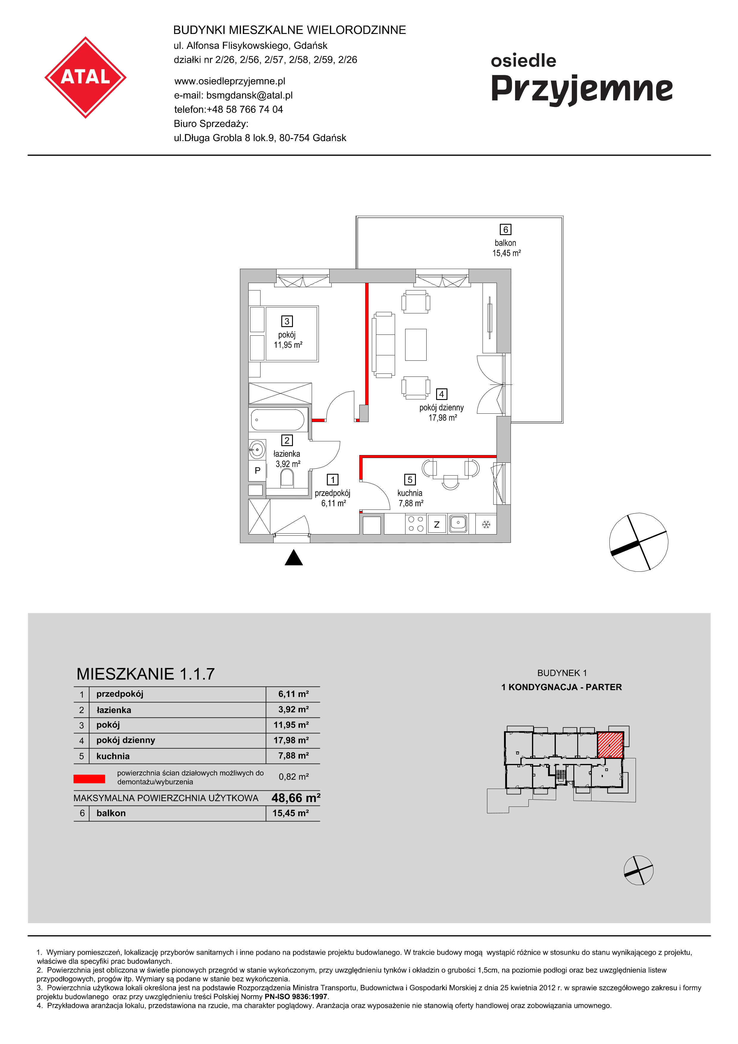 Mieszkanie 48,66 m², parter, oferta nr 1.1.7, Osiedle Przyjemne - etap I, Gdańsk, Jasień, ul. Flisykowskiego-idx