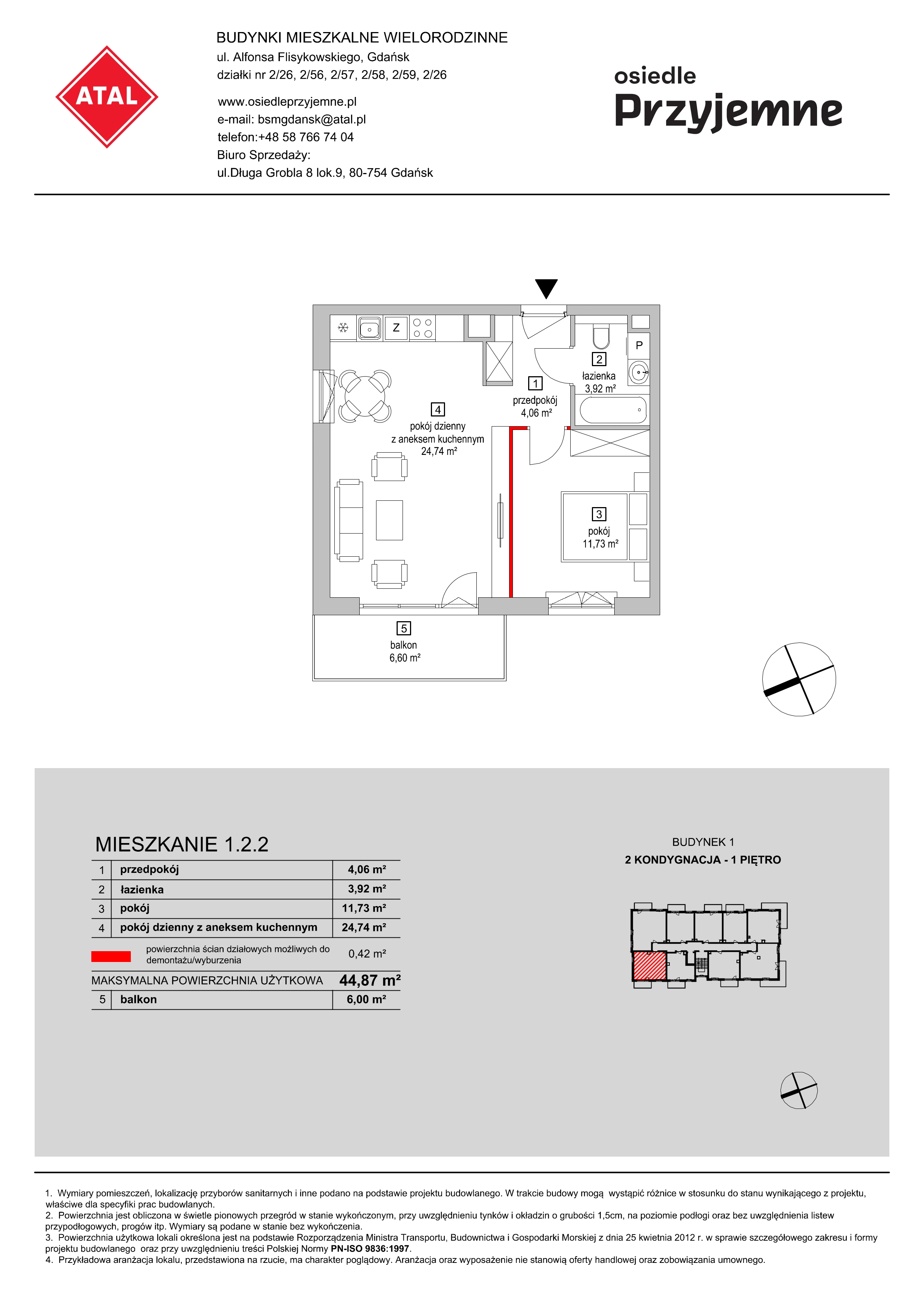 Mieszkanie 44,87 m², piętro 1, oferta nr 1.2.2, Osiedle Przyjemne - etap I, Gdańsk, Jasień, ul. Flisykowskiego-idx