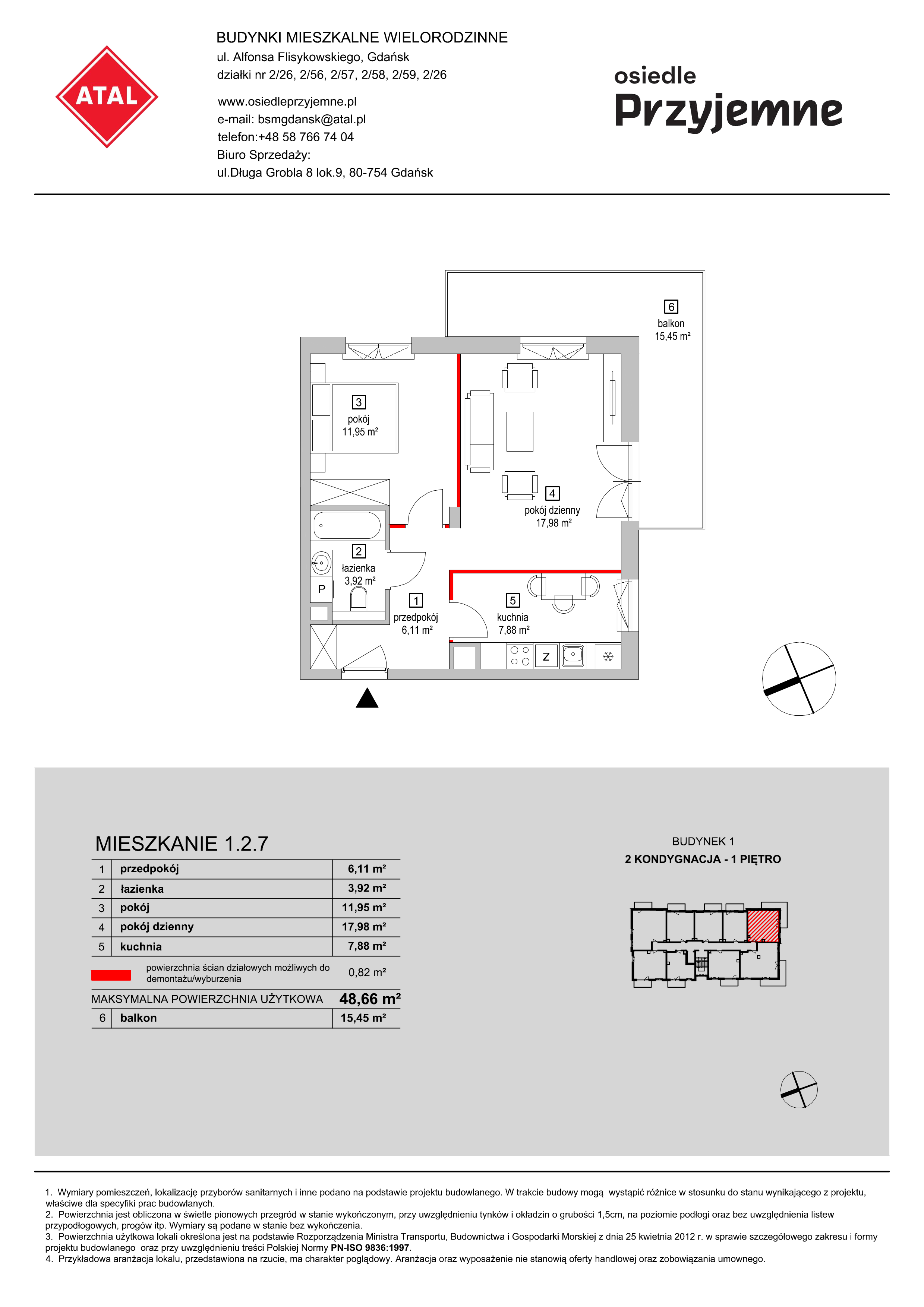 Mieszkanie 48,66 m², piętro 1, oferta nr 1.2.7, Osiedle Przyjemne - etap I, Gdańsk, Jasień, ul. Flisykowskiego-idx