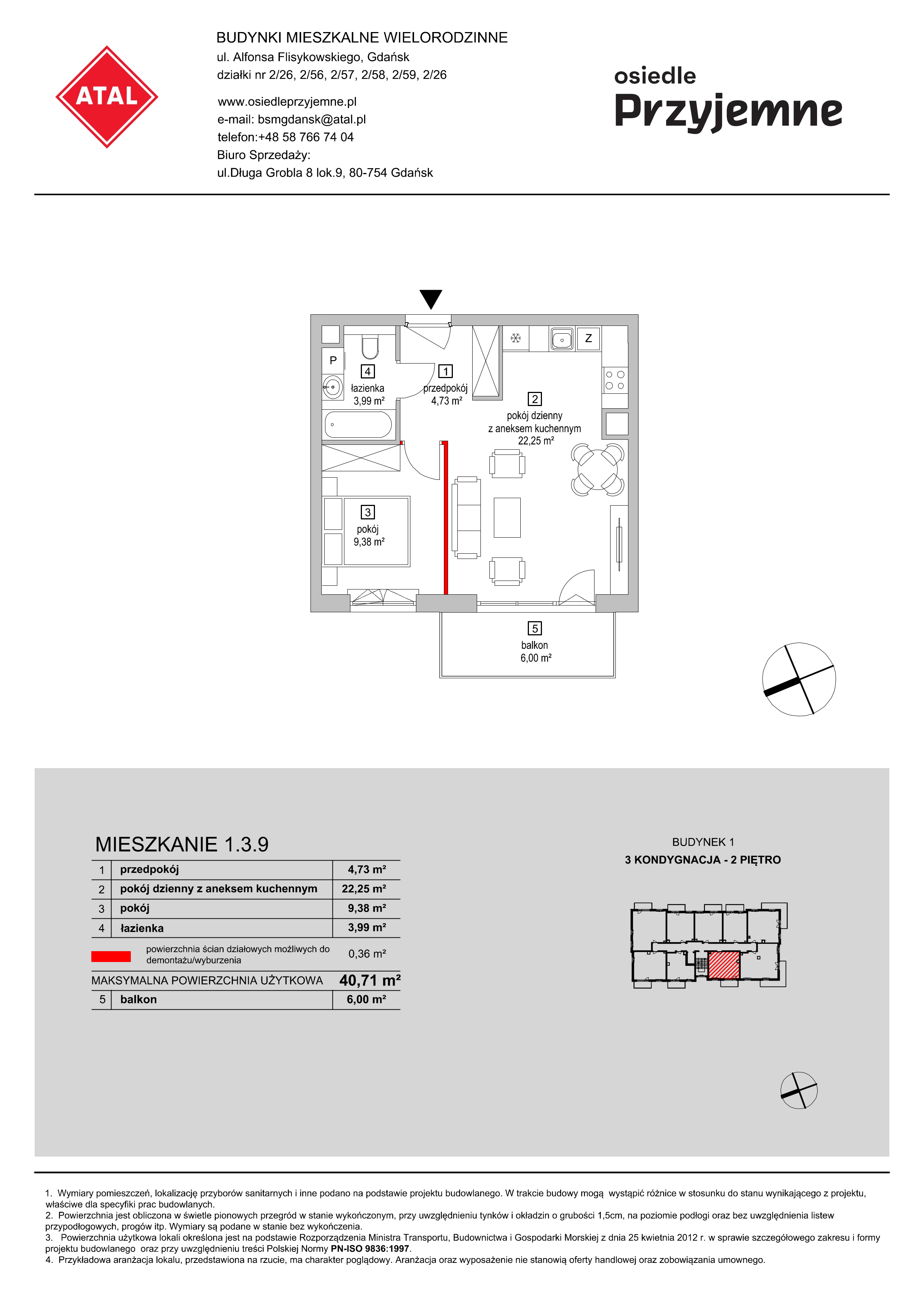 Mieszkanie 40,71 m², piętro 2, oferta nr 1.3.9, Osiedle Przyjemne - etap I, Gdańsk, Jasień, ul. Flisykowskiego-idx