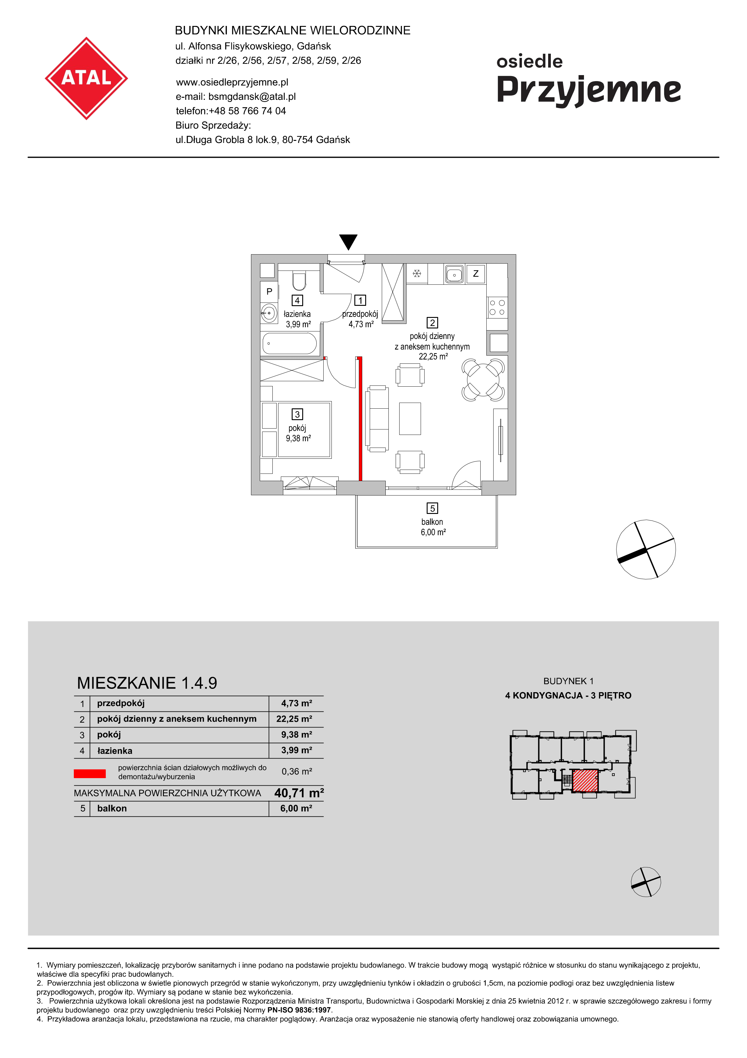 Mieszkanie 40,71 m², piętro 3, oferta nr 1.4.9, Osiedle Przyjemne - etap I, Gdańsk, Jasień, ul. Flisykowskiego-idx