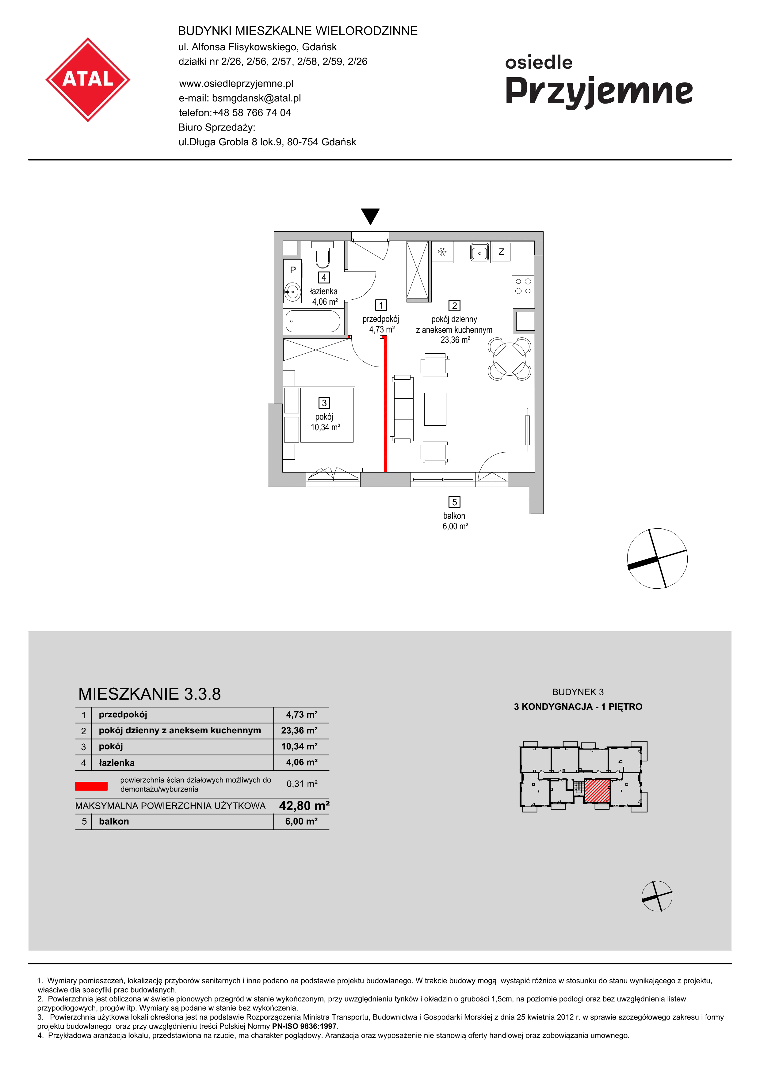 Mieszkanie 42,80 m², piętro 1, oferta nr 3.3.8, Osiedle Przyjemne - etap II, Gdańsk, Jasień, ul. Flisykowskiego-idx