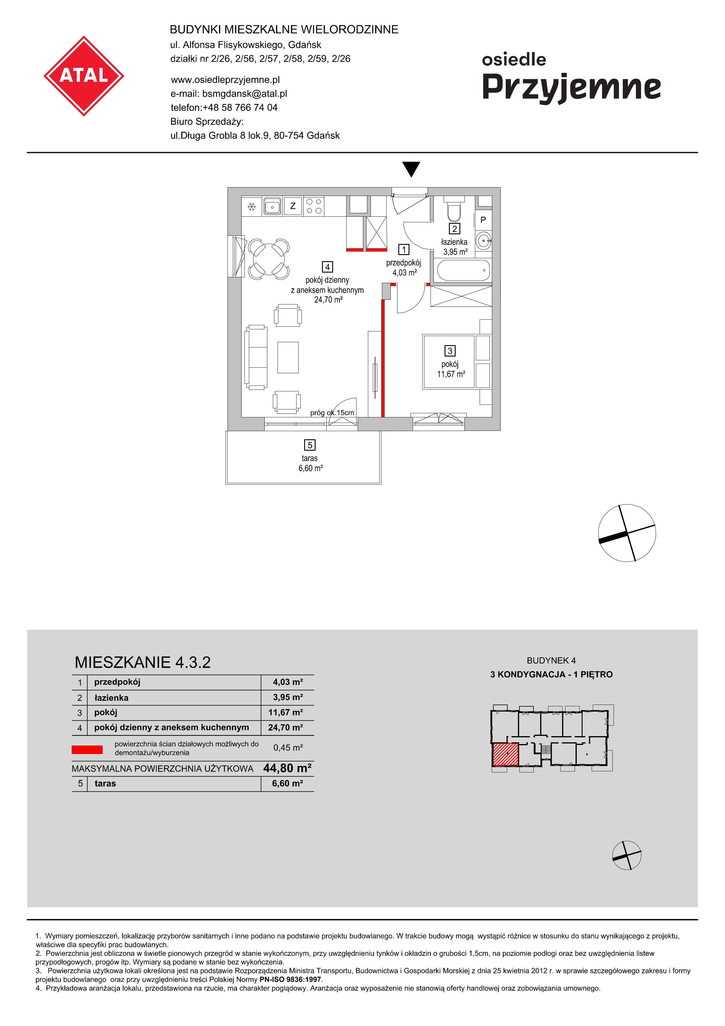 Mieszkanie 44,80 m², piętro 1, oferta nr 4.3.2, Osiedle Przyjemne - etap II, Gdańsk, Jasień, ul. Flisykowskiego-idx