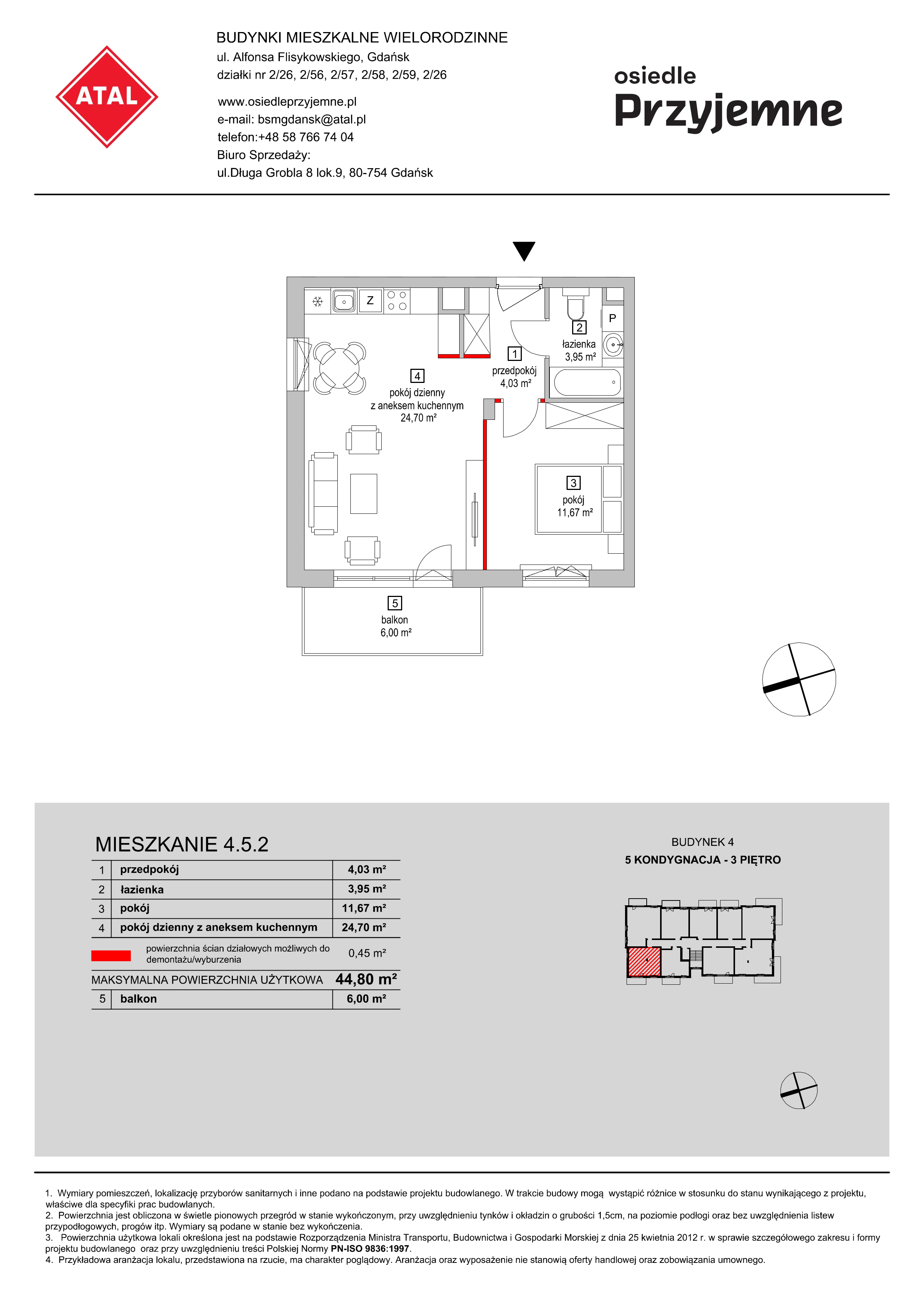 Mieszkanie 44,80 m², piętro 3, oferta nr 4.5.2, Osiedle Przyjemne - etap II, Gdańsk, Jasień, ul. Flisykowskiego-idx