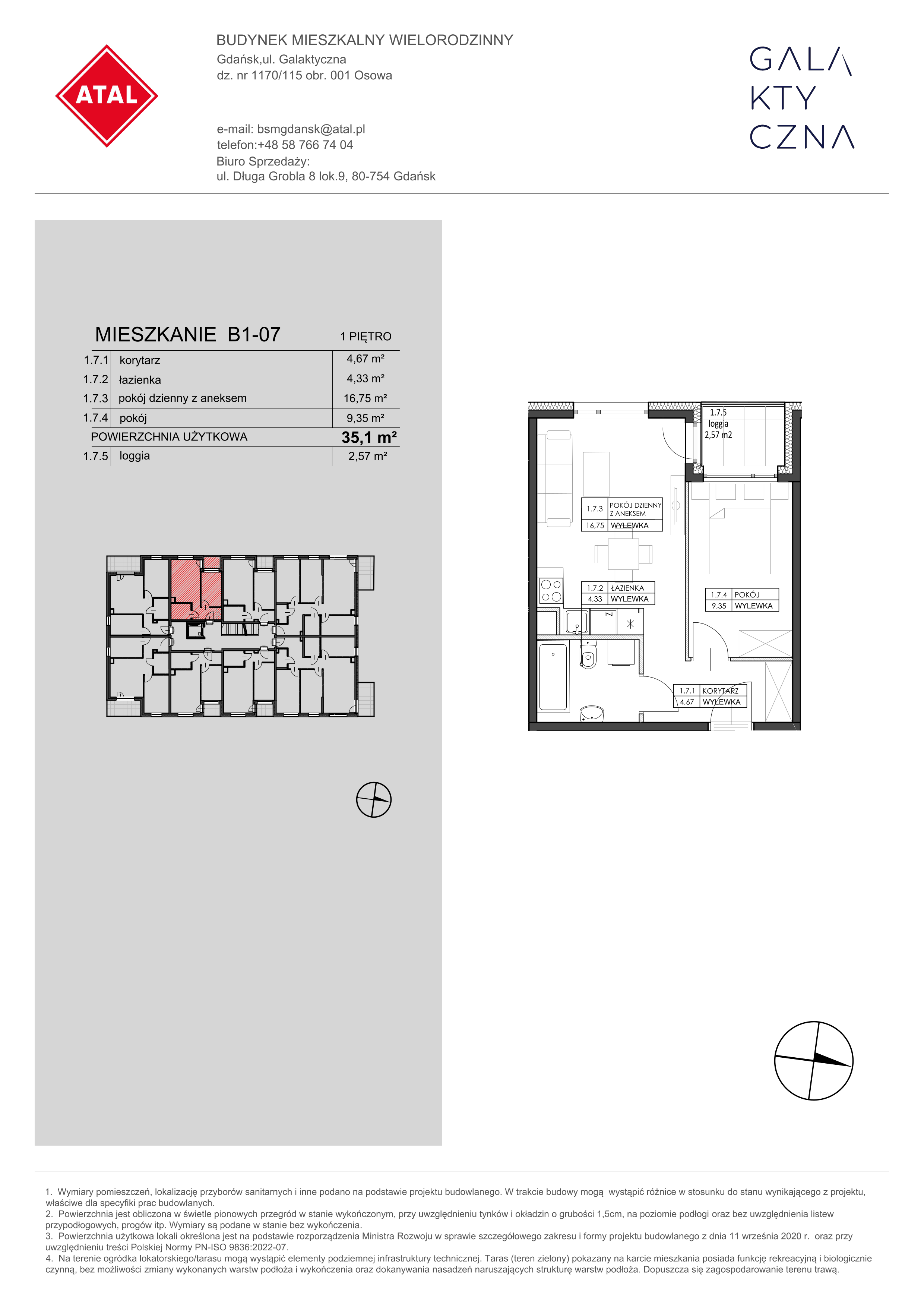 Mieszkanie 35,10 m², piętro 1, oferta nr B1-07, Galaktyczna, Gdańsk, Osowa, ul. Galaktyczna-idx