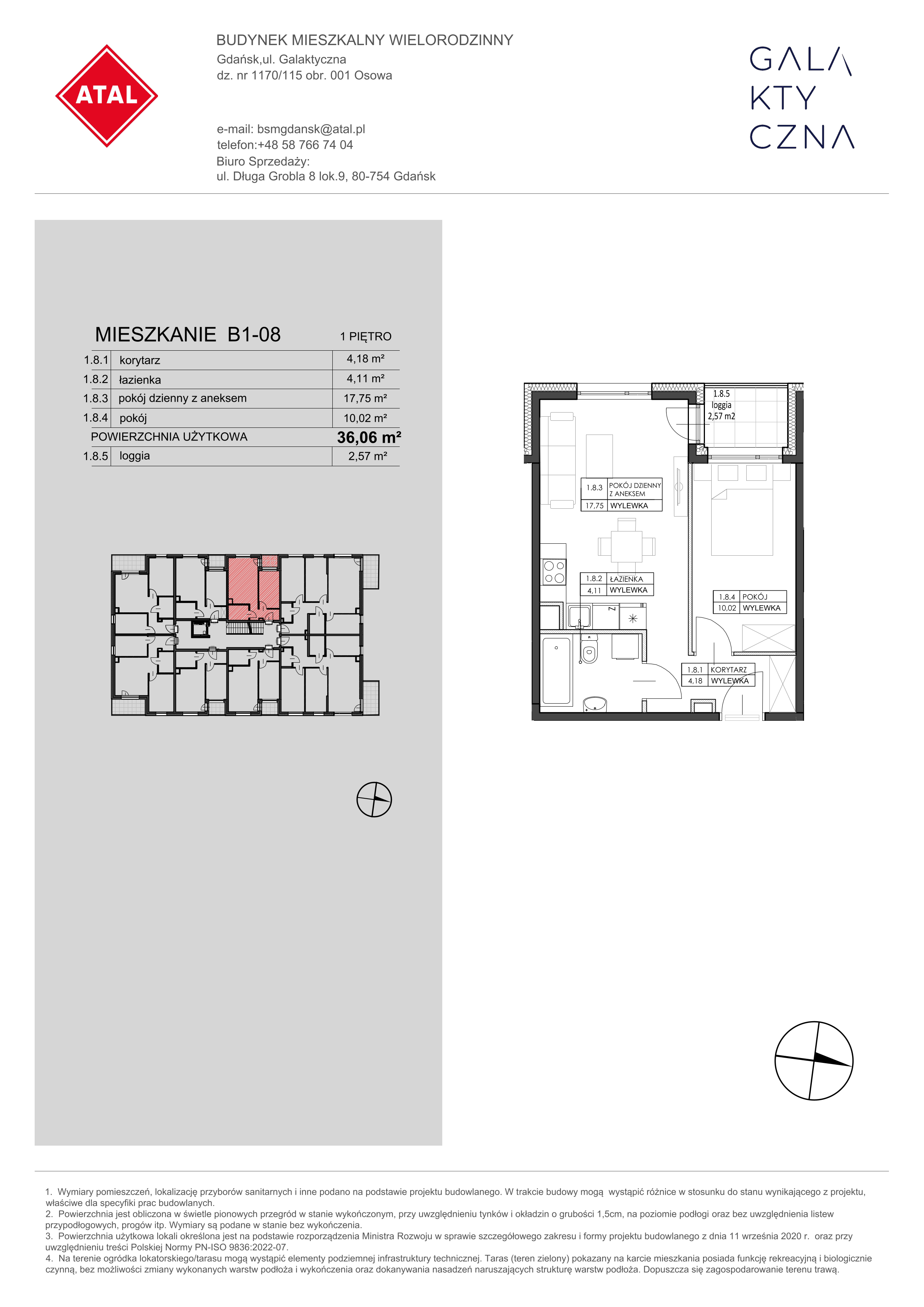 Mieszkanie 36,06 m², piętro 1, oferta nr B1-08, Galaktyczna, Gdańsk, Osowa, ul. Galaktyczna-idx