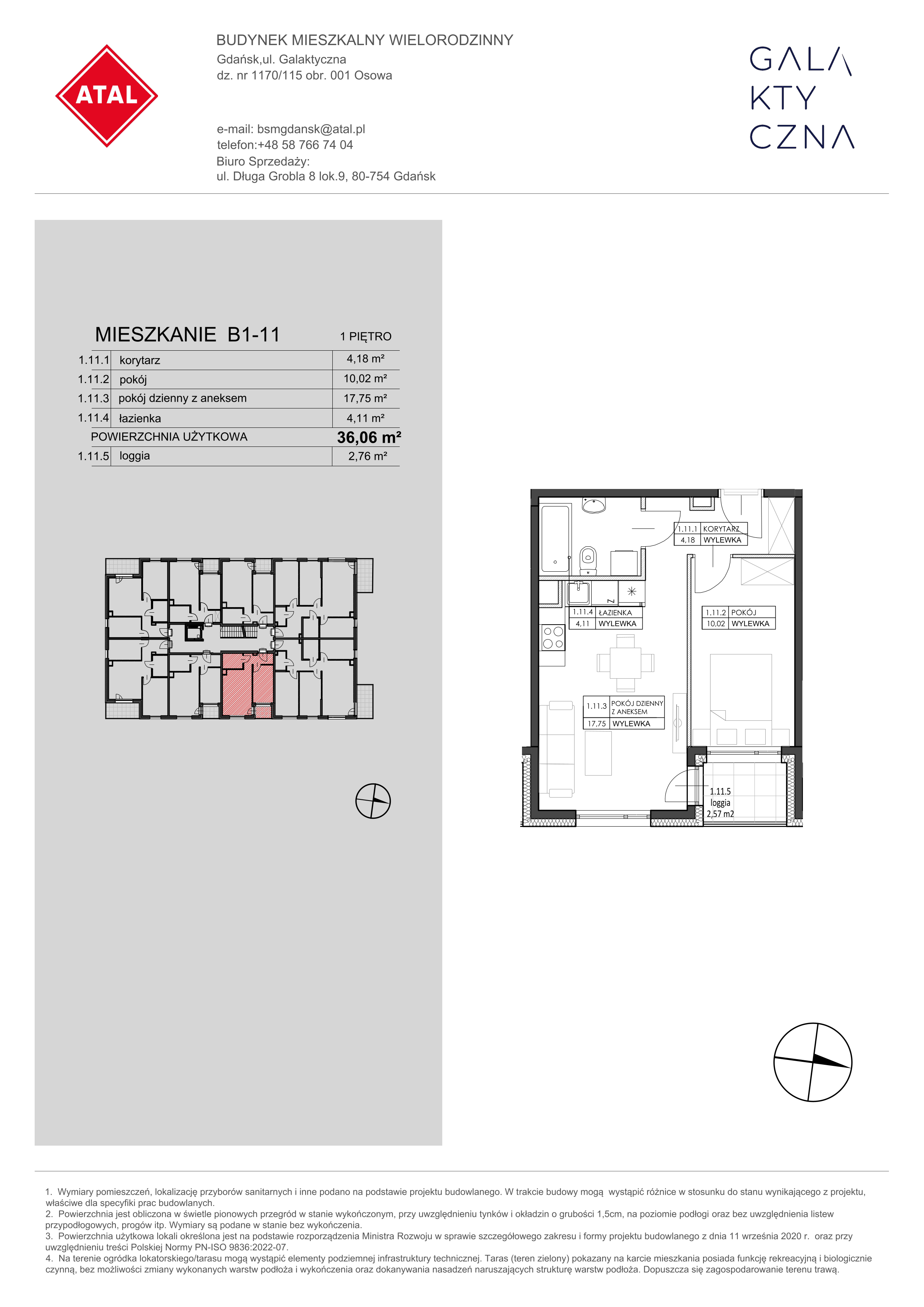 Mieszkanie 36,06 m², piętro 1, oferta nr B1-11, Galaktyczna, Gdańsk, Osowa, ul. Galaktyczna-idx